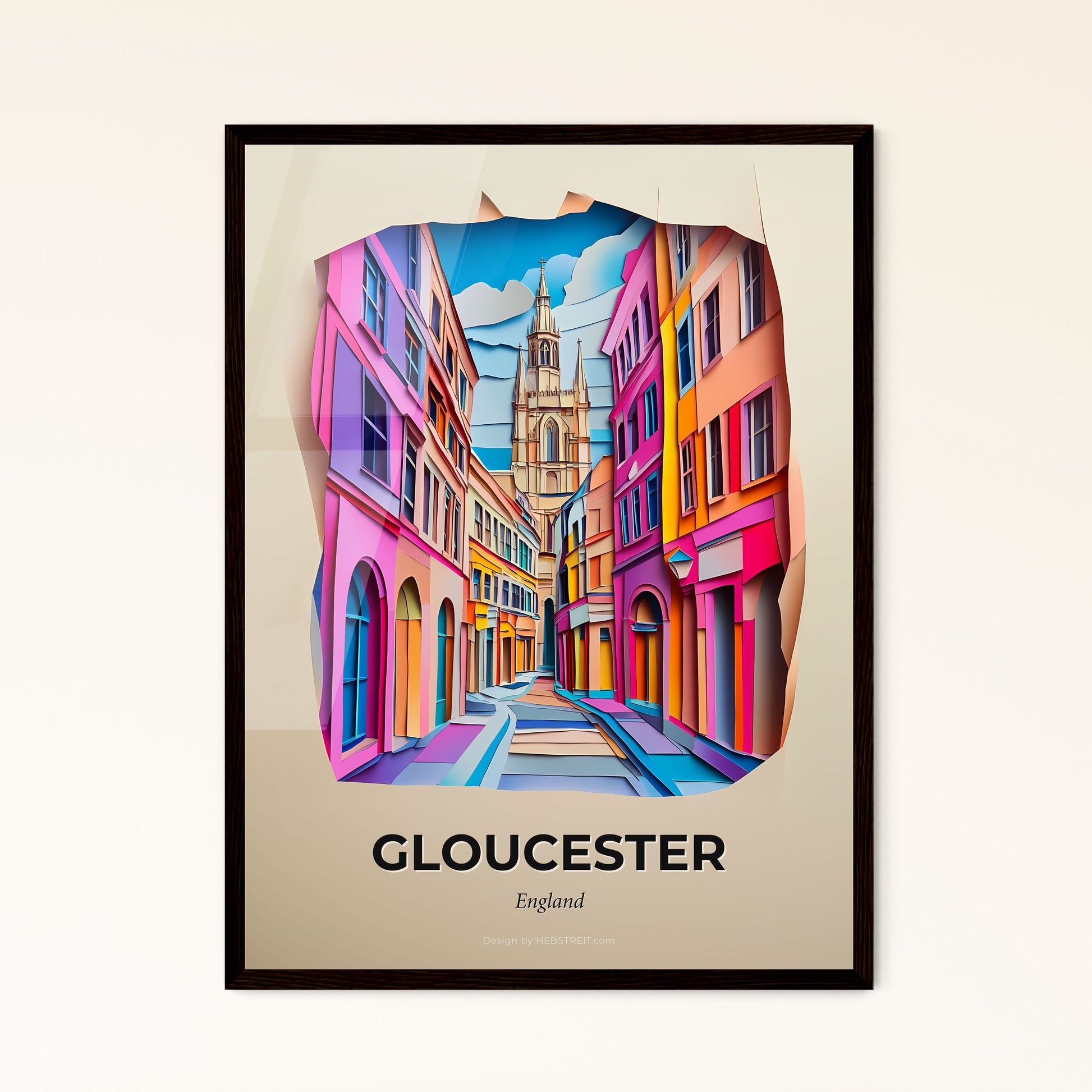 Vivid Gloucester, England - a street with a clock tower in the background