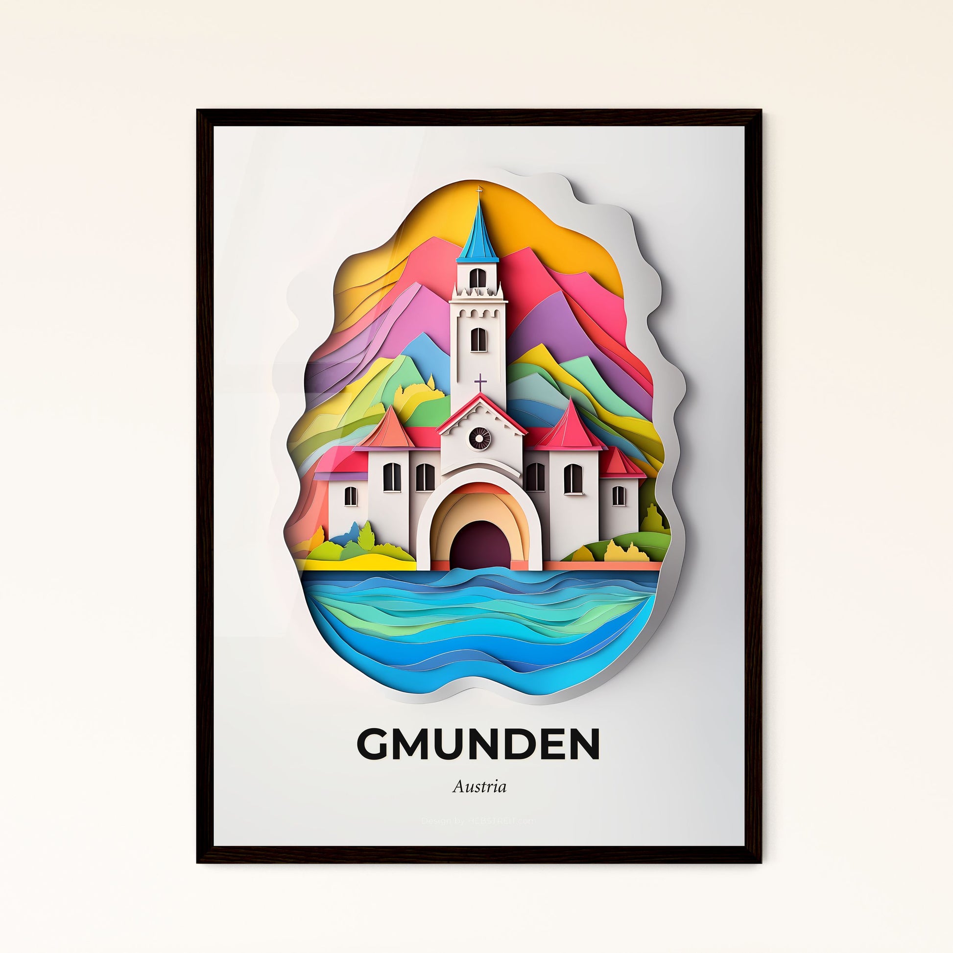 Vivid Gmunden, Austria - a paper cut of a church with a mountain in the background