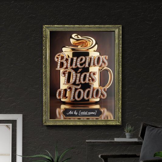 Golden Coffee Mug with Sparkling Letters: 'Buenos Días a Todos' in Elegant Design