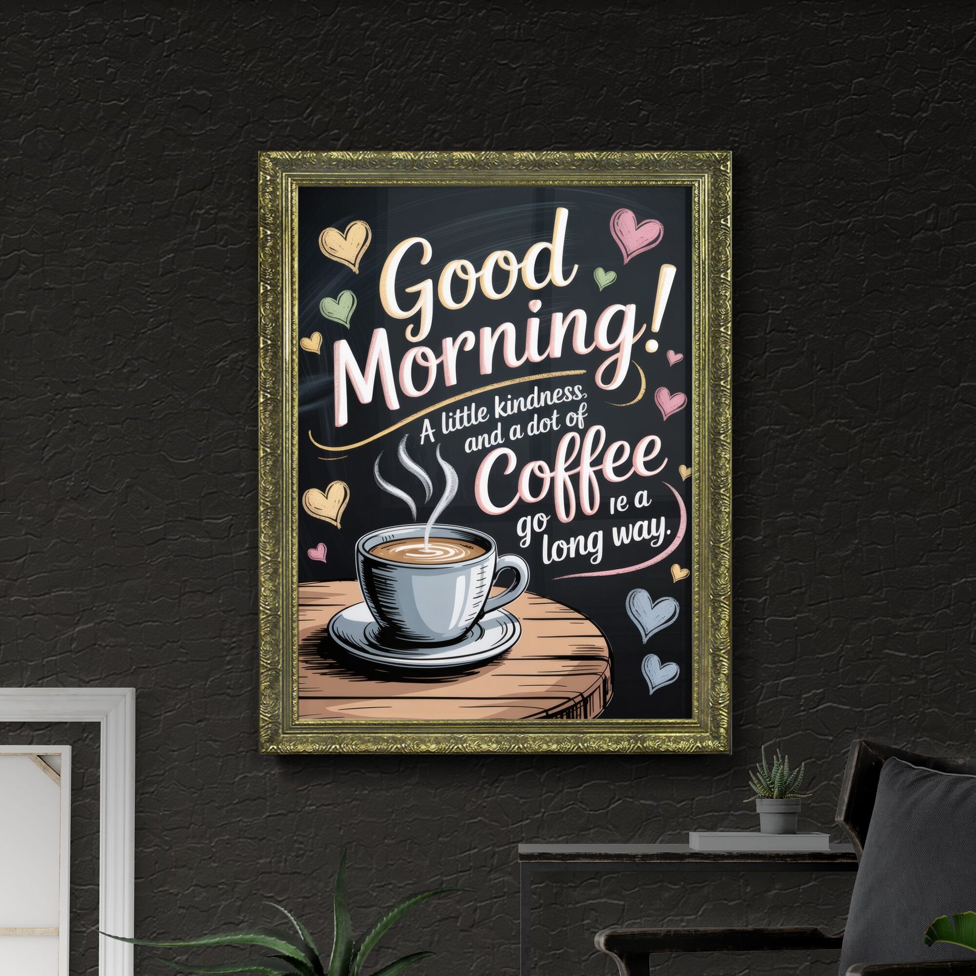 Good Morning! A Cheerful Start with Coffee and Kindness on a Rustic Table Background.