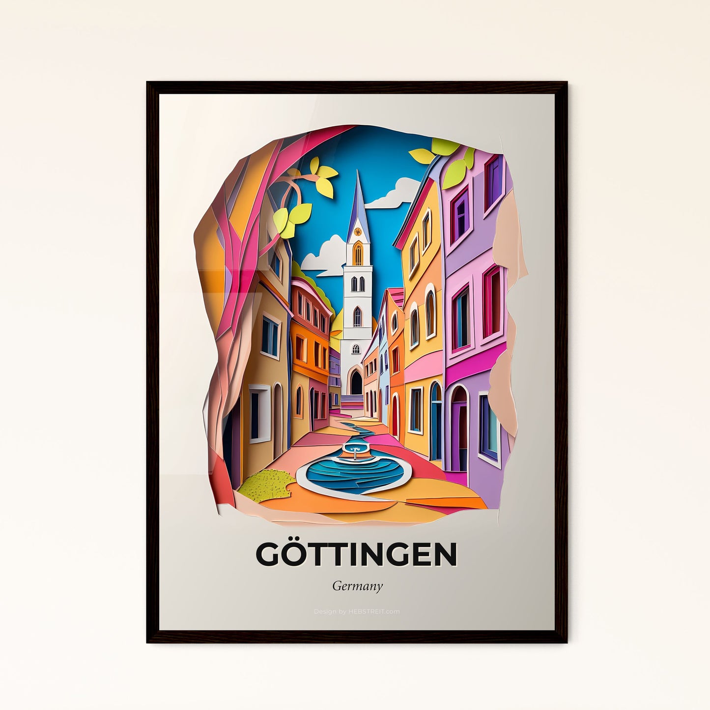 Vivid Gottingen, Germany - a paper cut of a city street with a fountain