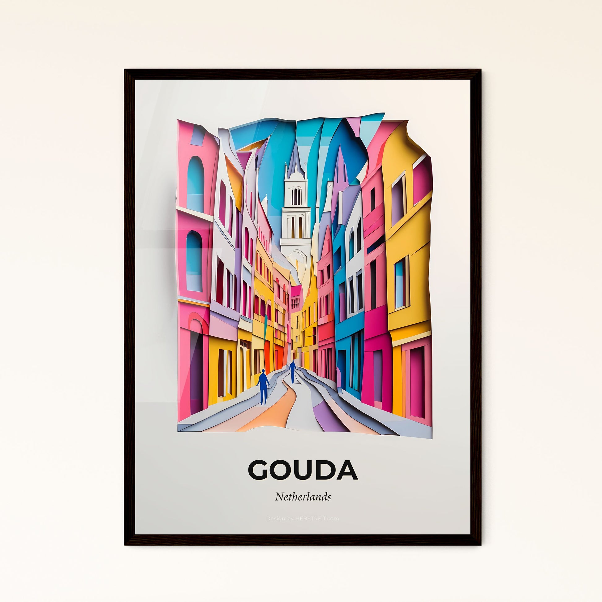 Vivid Gouda, Netherlands - a paper cut of a city street with a clock tower