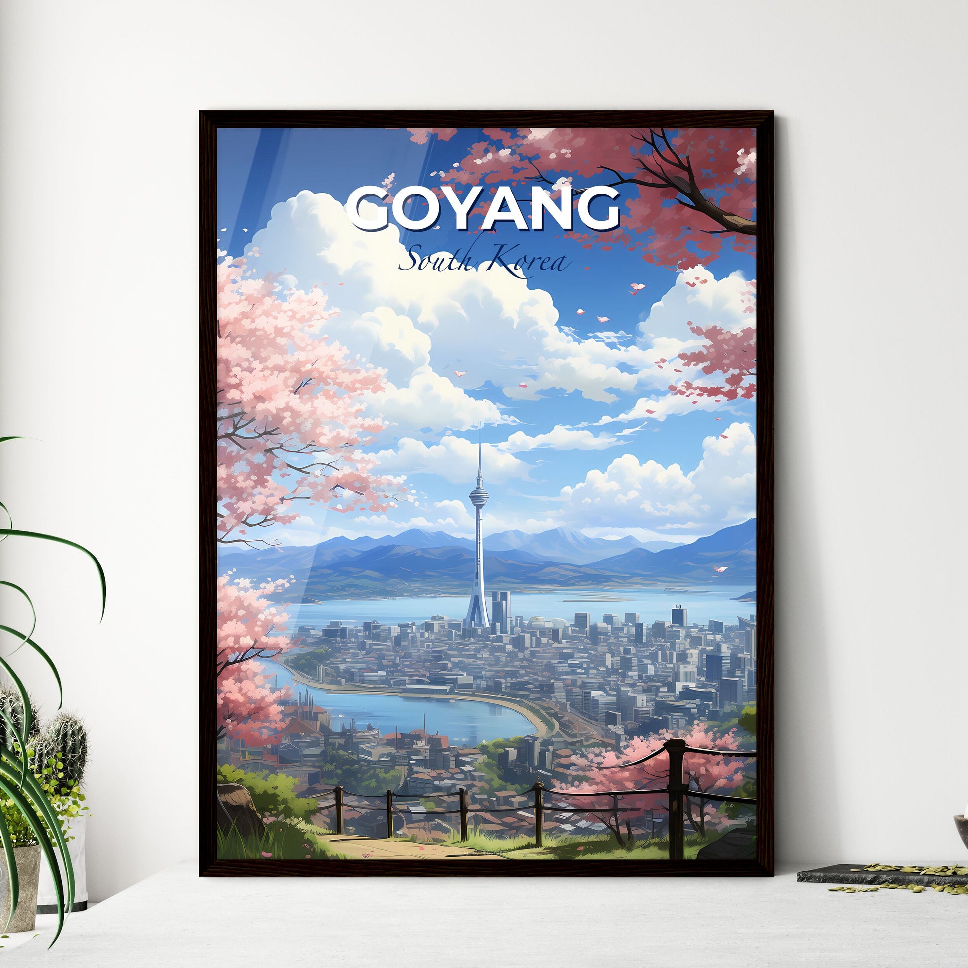 South Korea City Skyline Painting Artwork Tower Water Mountains Art Default Title