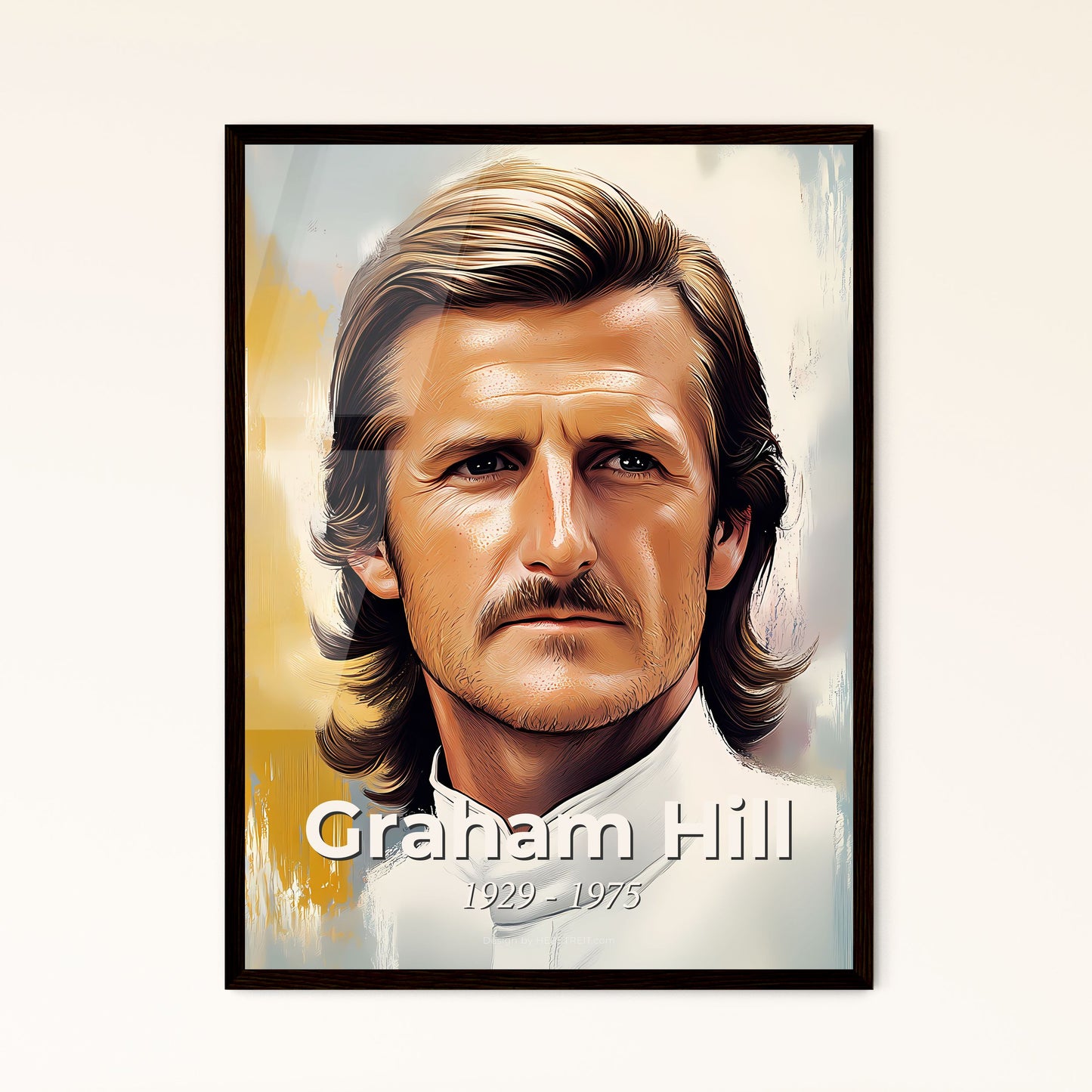 Portrait of Graham Hill, 1929 - 1975. Impressionistic painting of a man with long hair and mustache.