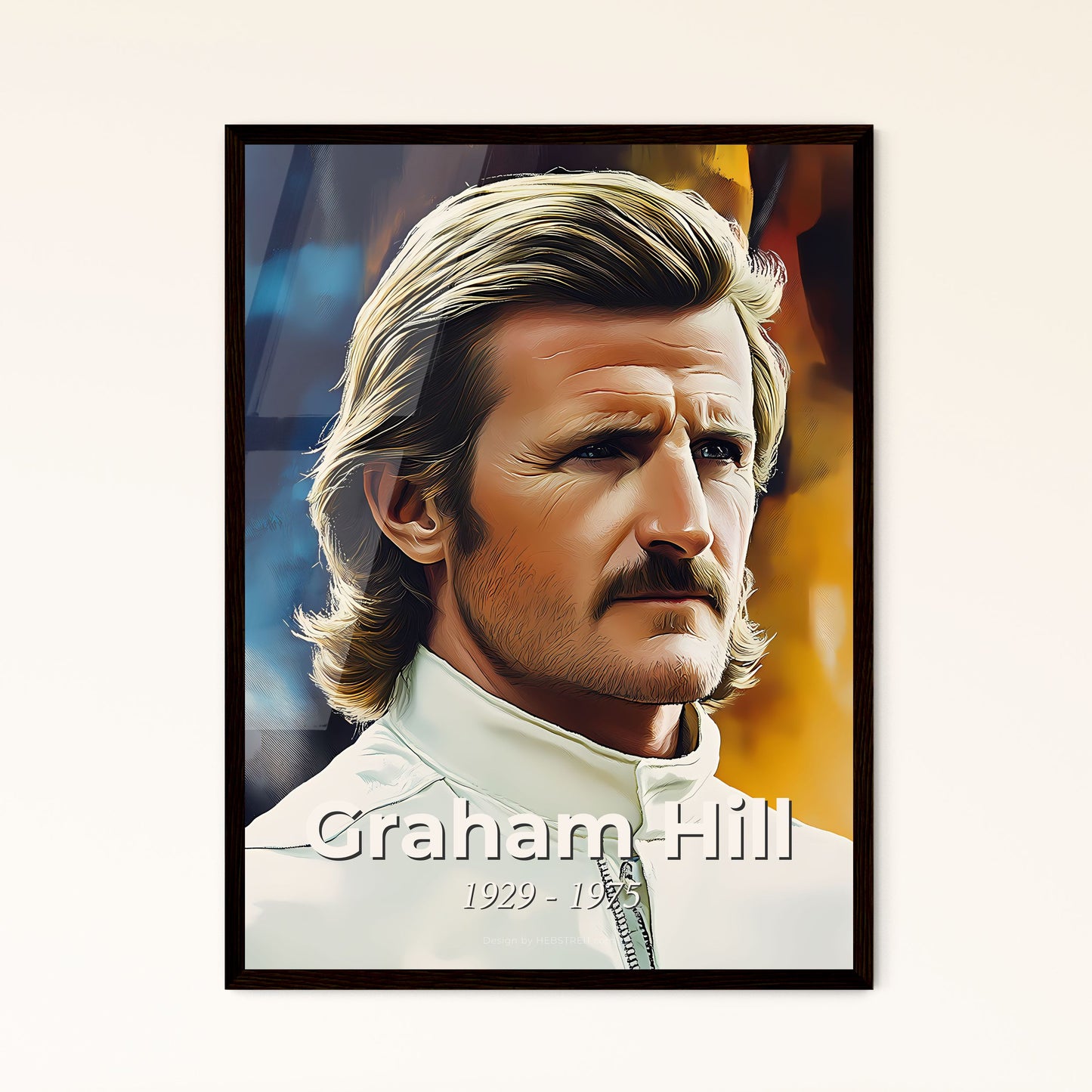 Portrait of Graham Hill, 1929 - 1975. Impressionistic painting of a man with a mustache.