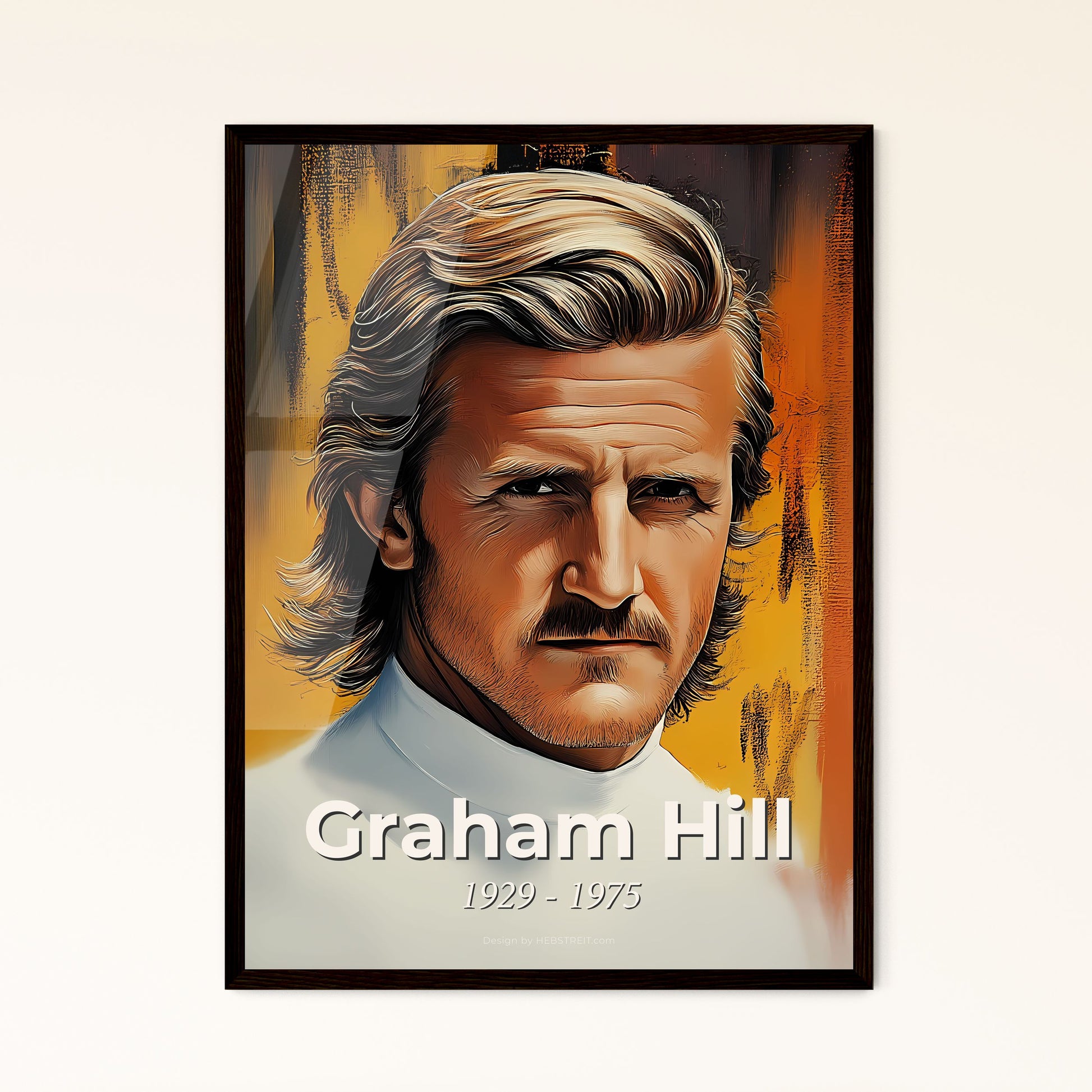 Portrait of Graham Hill, 1929 - 1975. Impressionistic painting of a man with a mustache.