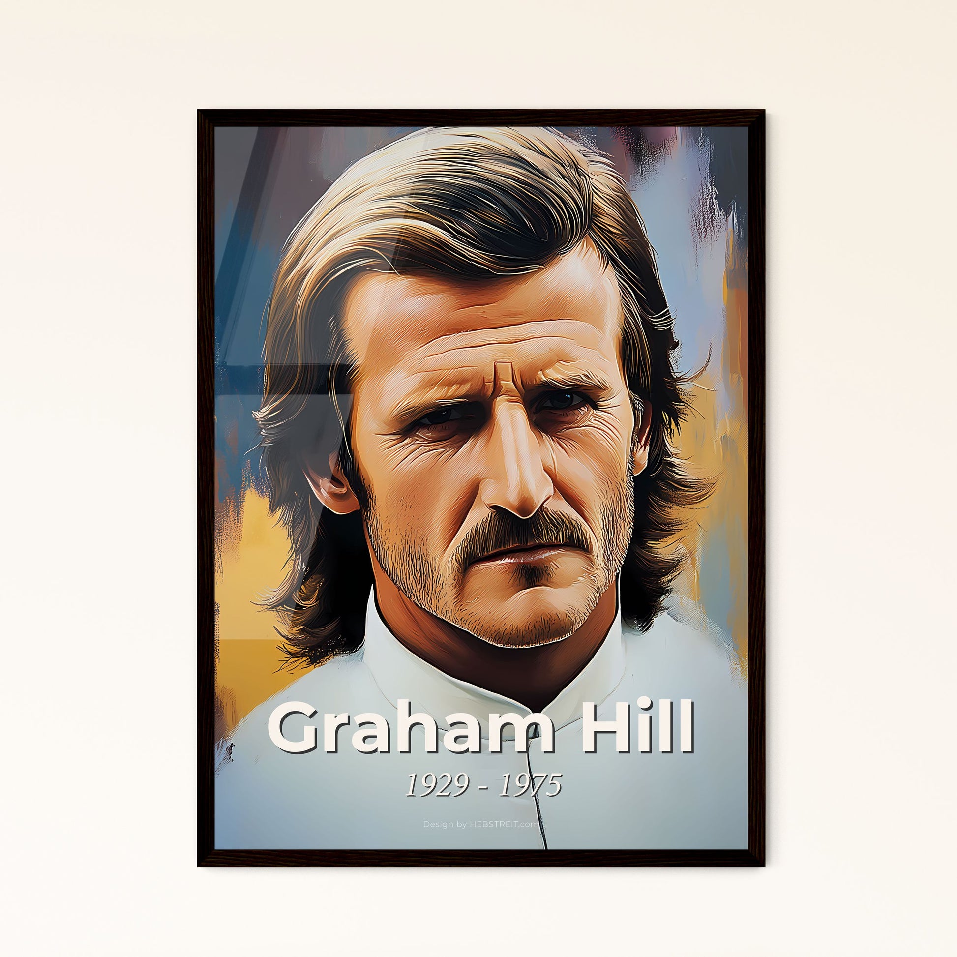 Portrait of Graham Hill, 1929 - 1975. Impressionistic painting of a man with a mustache.