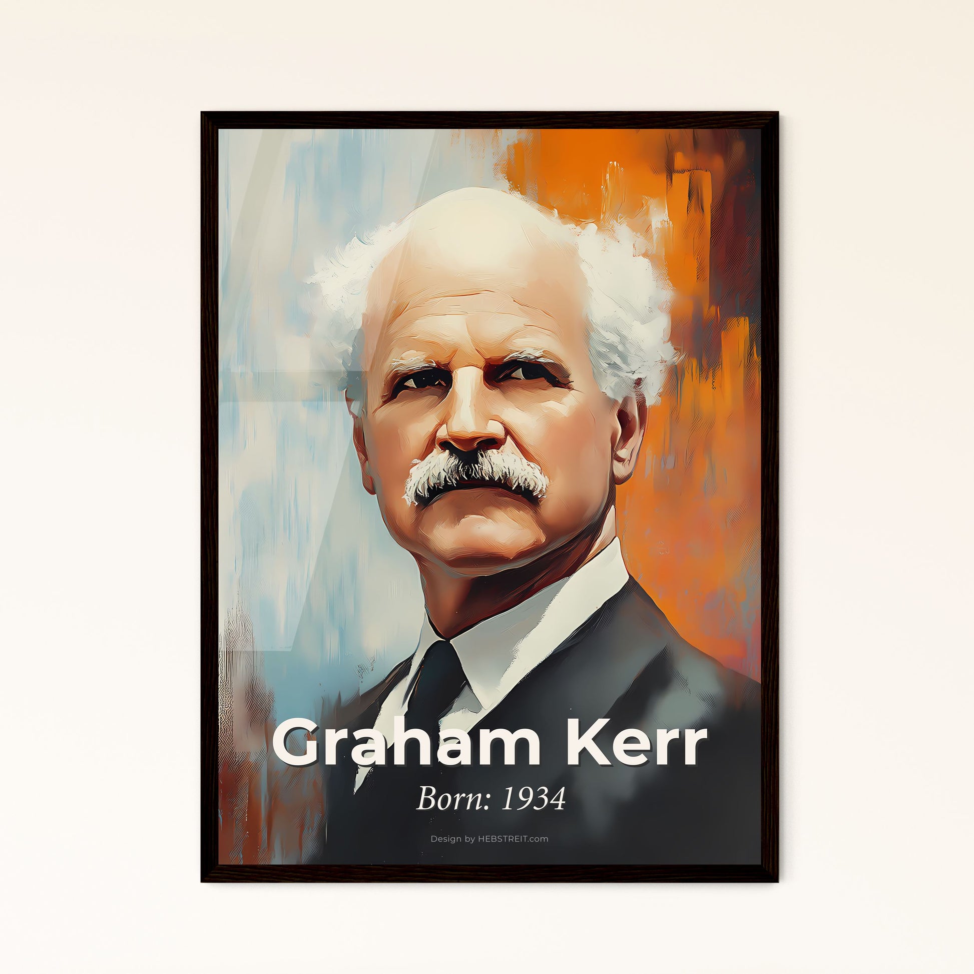 Portrait of Graham Kerr, Born: 1934. Impressionistic painting of a man with a mustache.