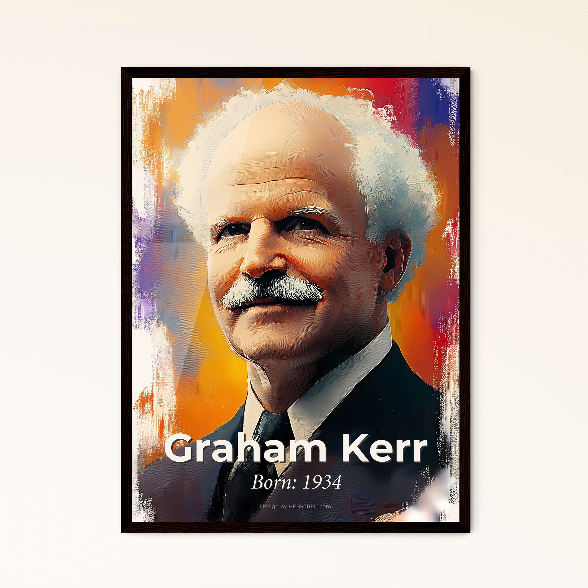 Portrait of Graham Kerr, Born: 1934. Impressionistic painting of a man with white hair and a mustache.