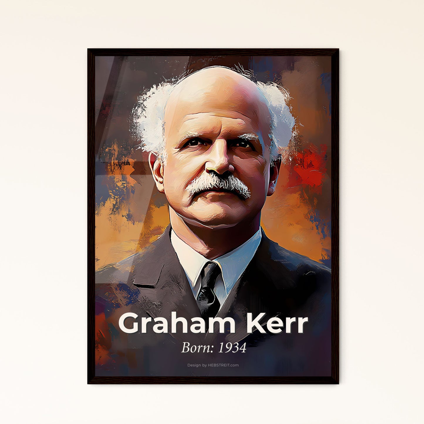 Portrait of Graham Kerr, Born: 1934. Impressionistic painting of a man with a mustache.