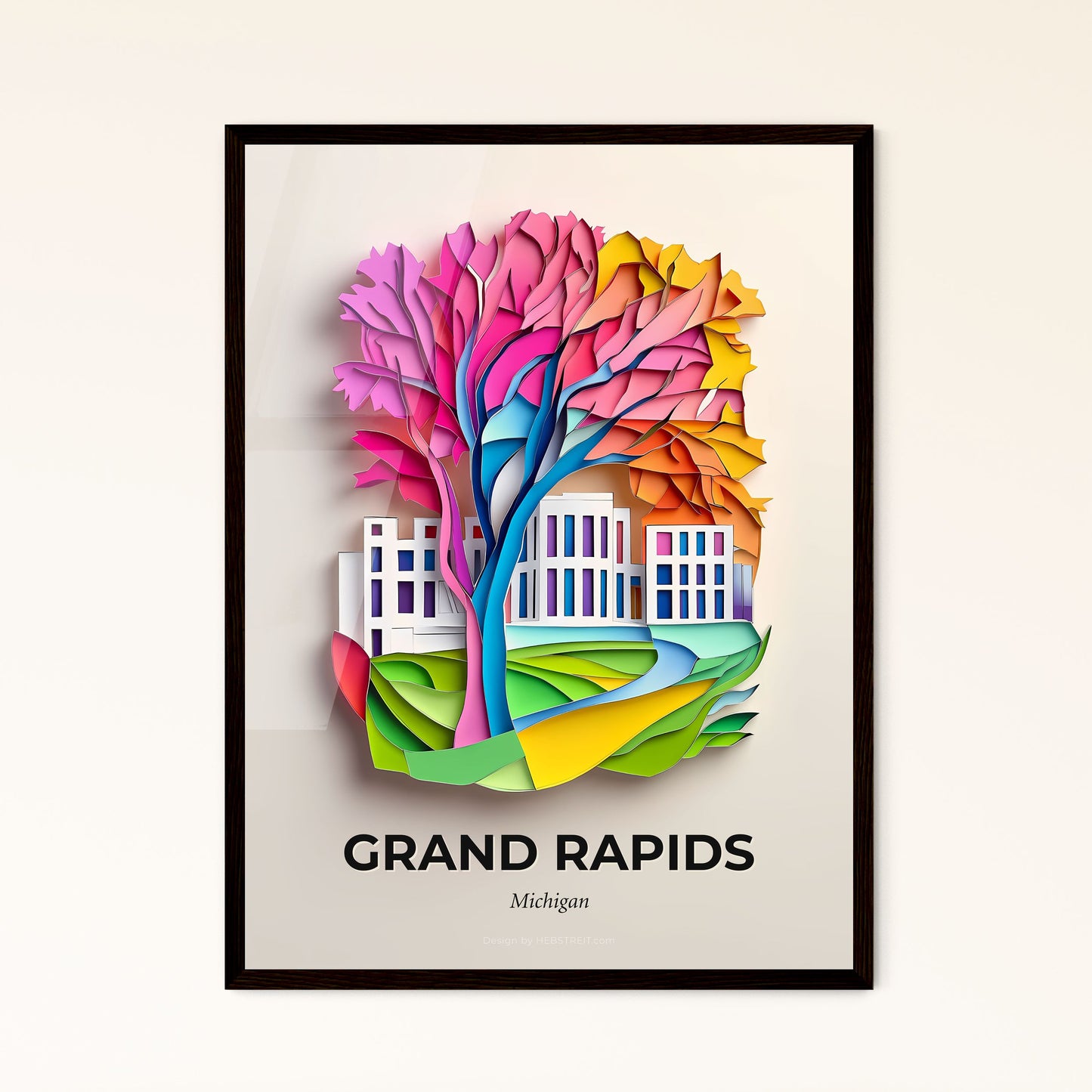 Vivid Grand Rapids, Michigan - a paper cut of a tree with a building in the background