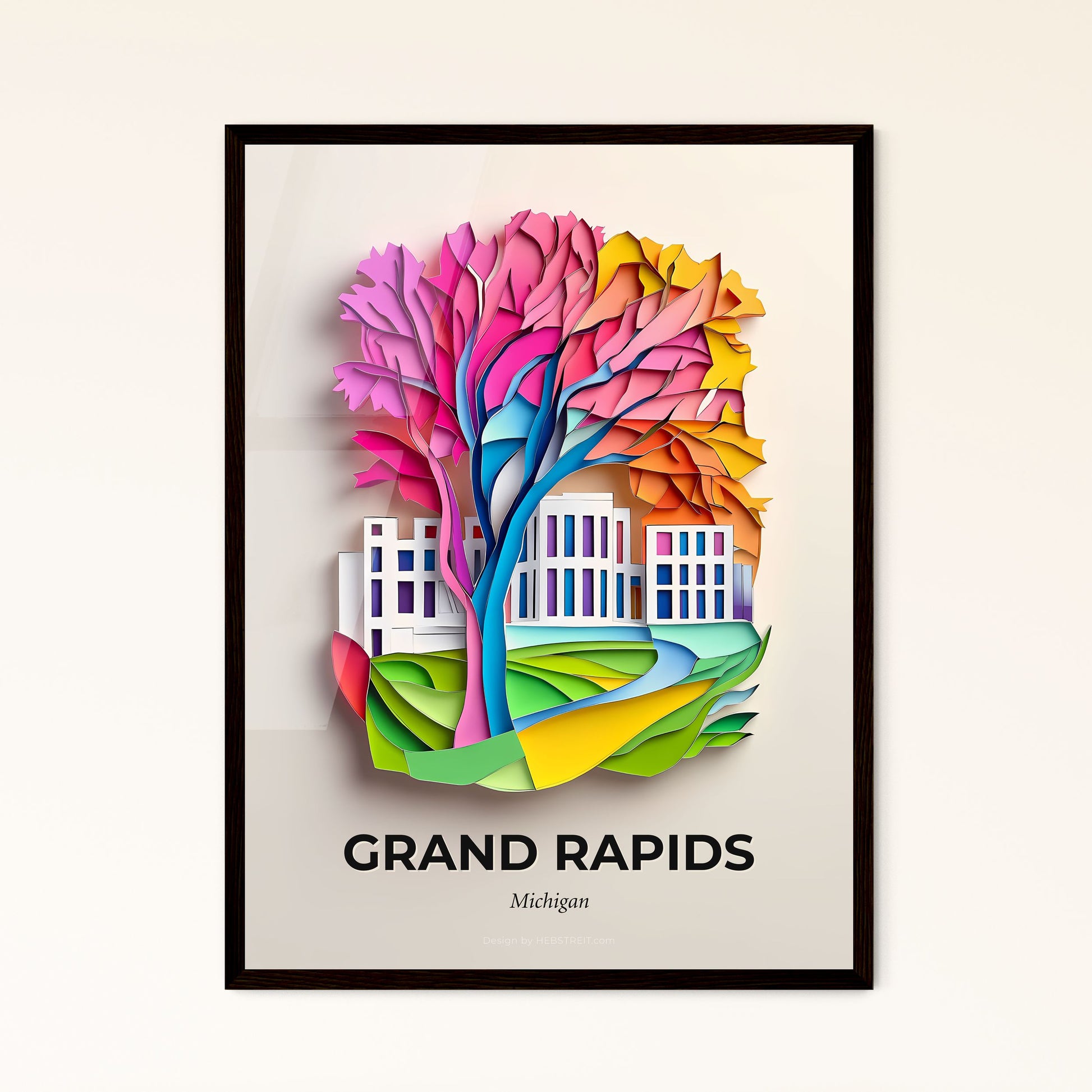 Vivid Grand Rapids, Michigan - a paper cut of a tree with a building in the background