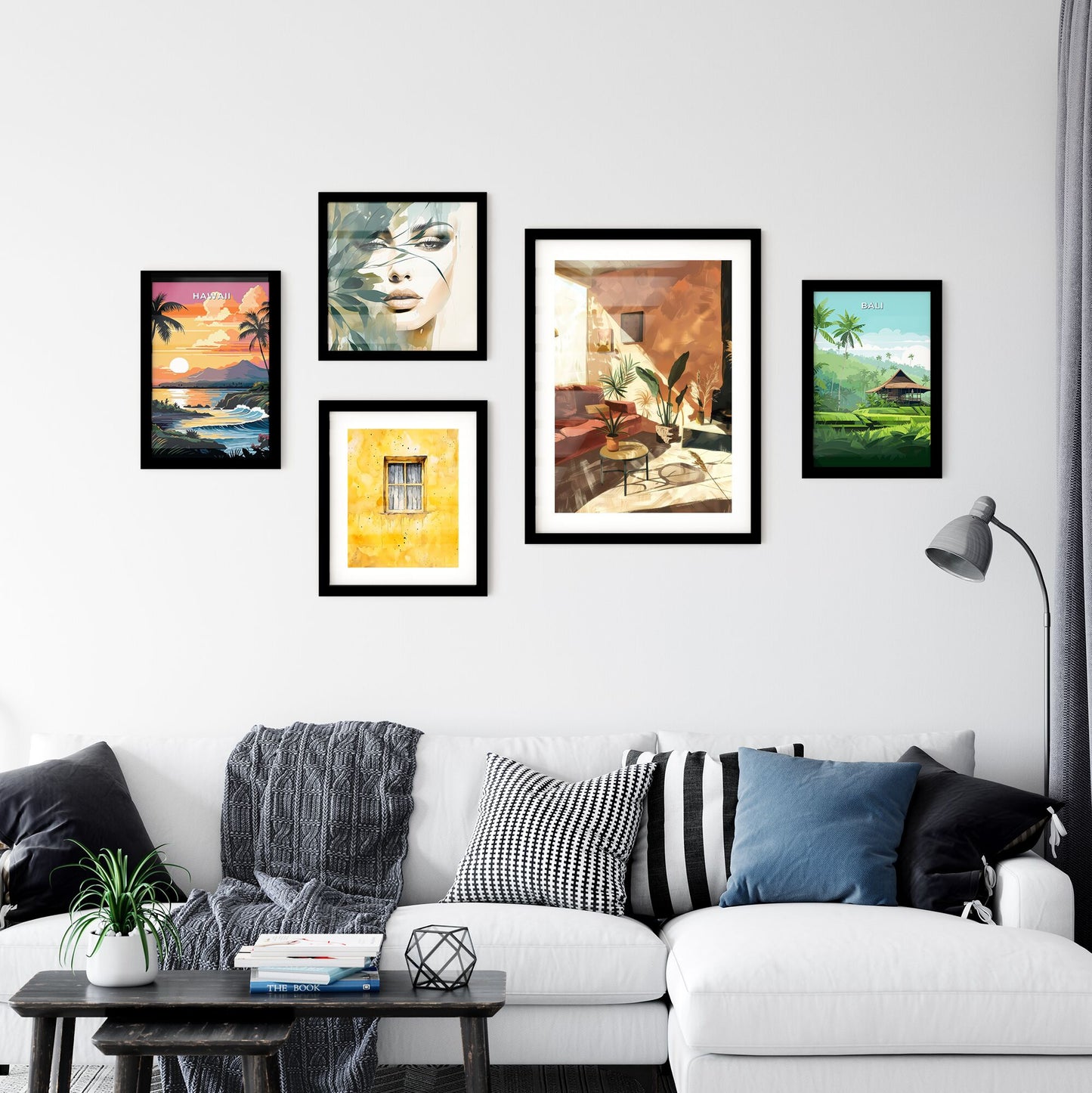 Modern Living Room Art: Vibrant Painting, Teal Couch, Green Plants, Home Decor Default Title