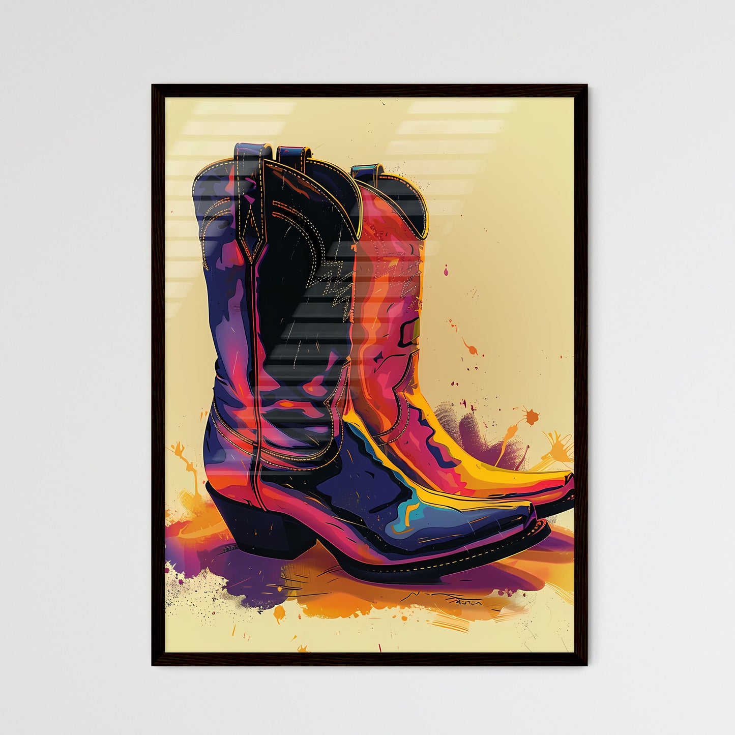 Colorful Retro Cowgirl Boots Painting on Whi Framed Art Print