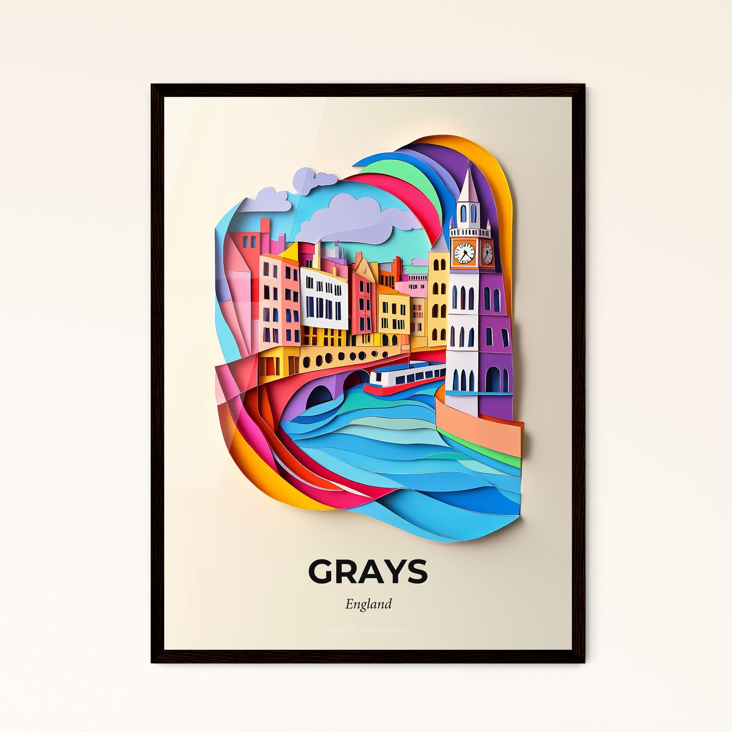 Vivid Grays, England - a paper cut of a city with a clock tower