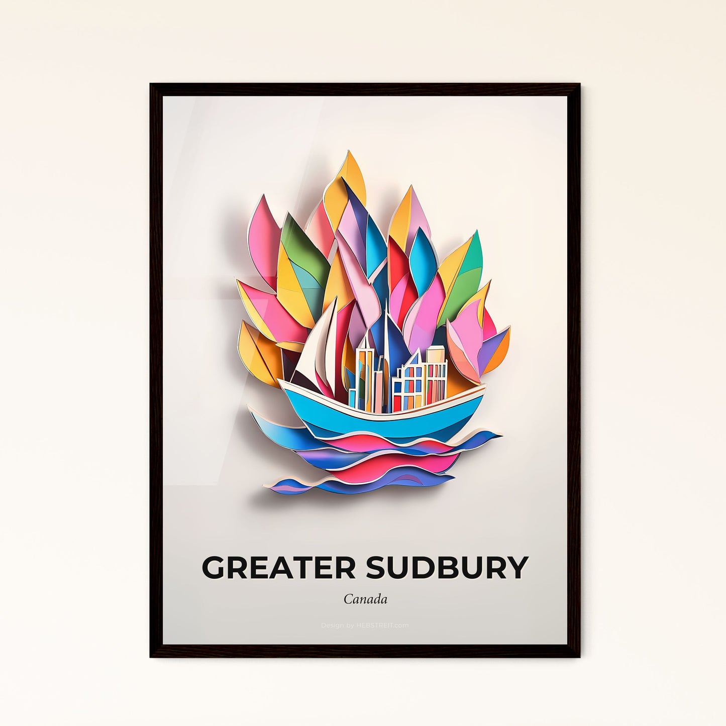 Vivid Greater Sudbury, Canada - a paper cut of a boat with a city on it