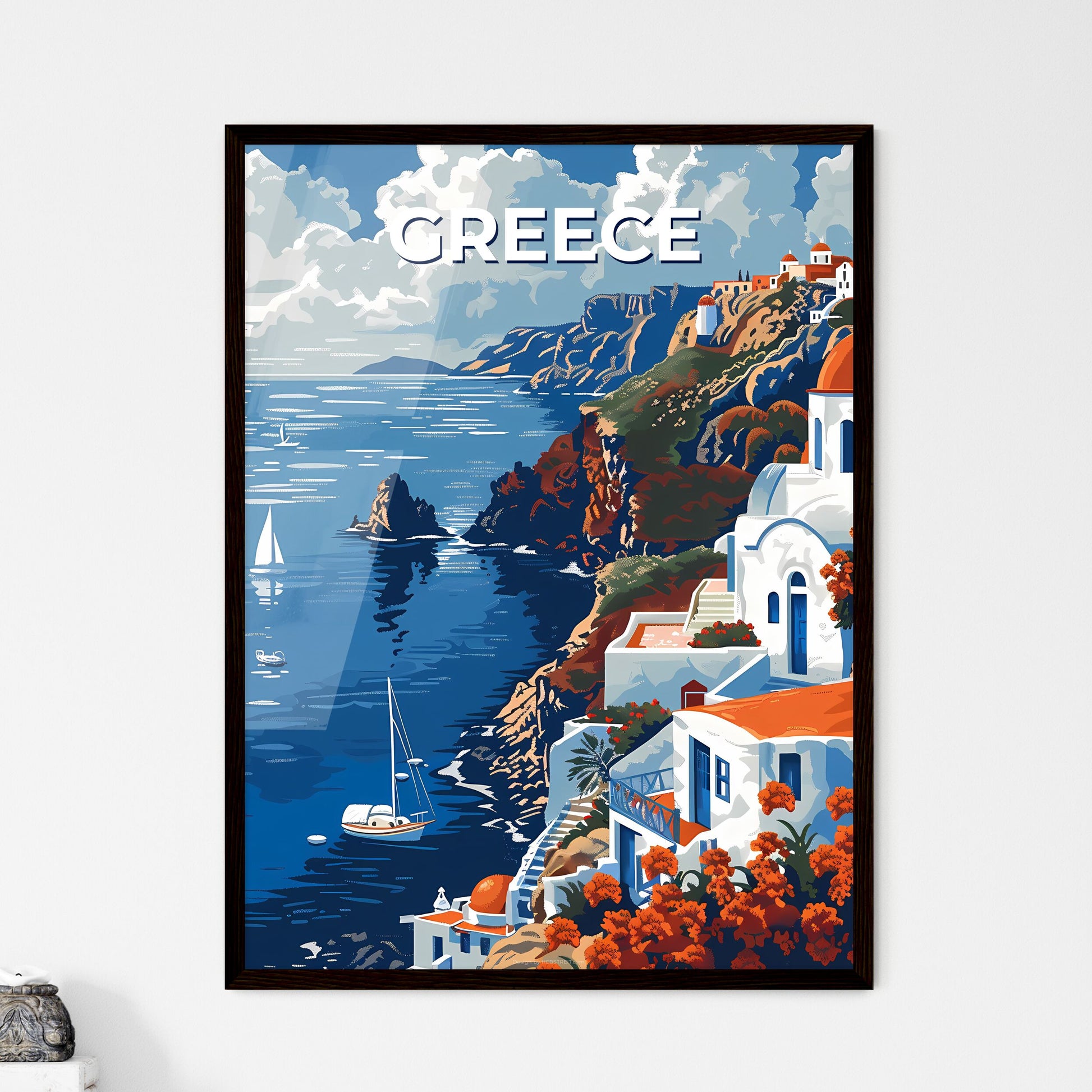 Painting, Impressionist, Greece, Europe, Artwork, Cliffside Town, Mediterranean, Seascape, Azure Waters, Vibrant Colors