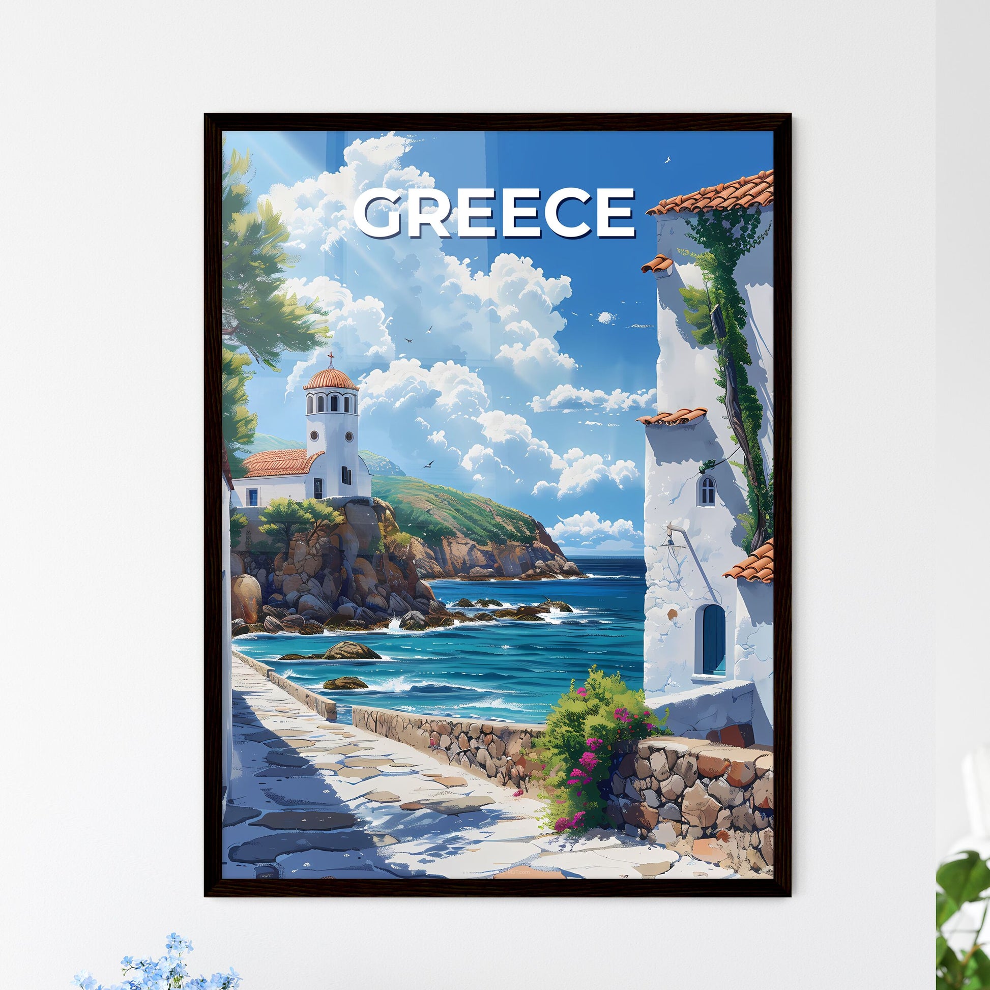 Artistic Depiction of a Vibrant Street Scene in Greece, Europe Featuring Buildings and Waterway