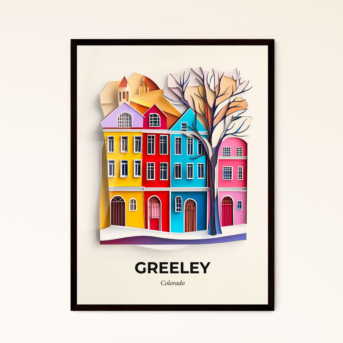 Vivid Greeley, Colorado - a paper cut of a colorful city with a tree