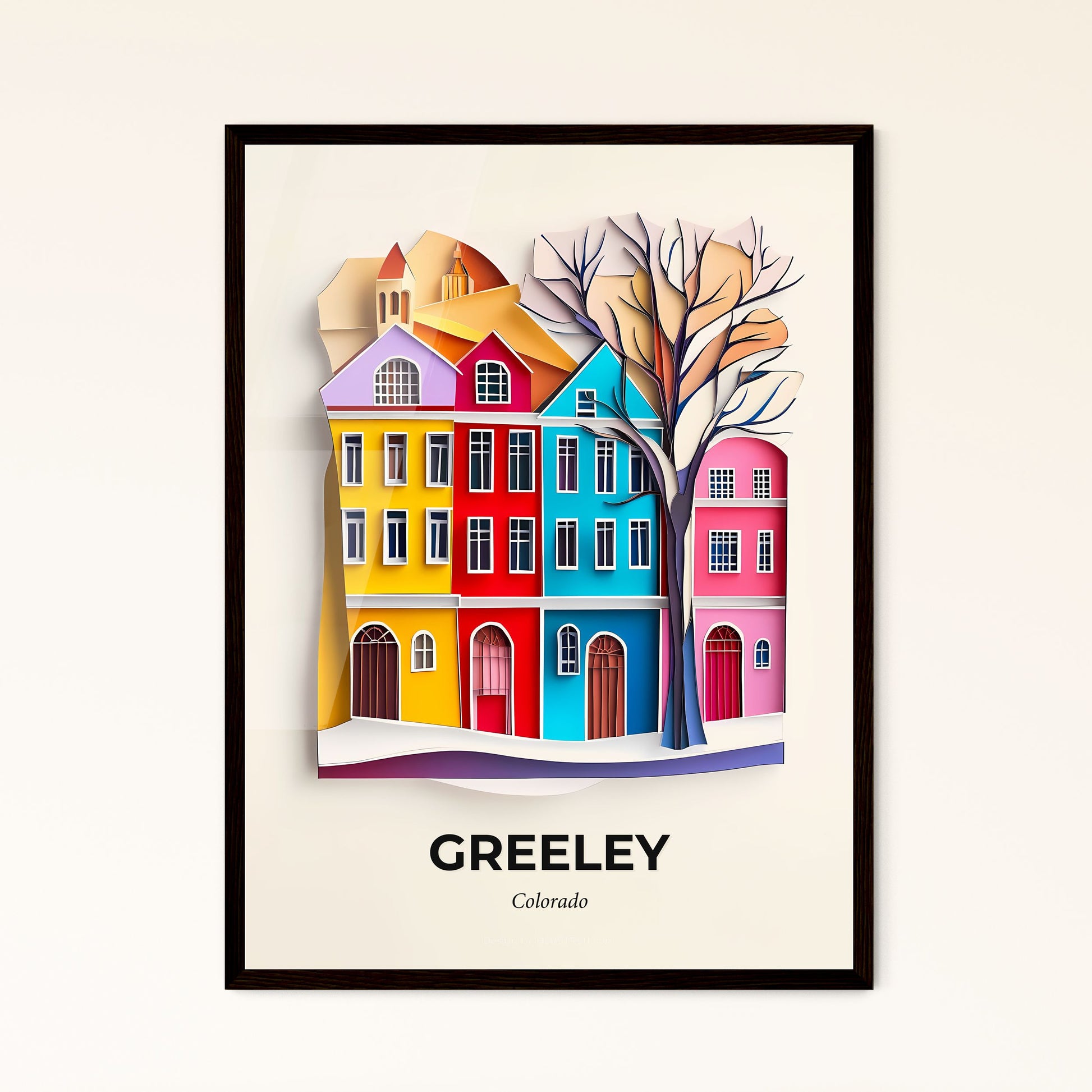 Vivid Greeley, Colorado - a paper cut of a colorful city with a tree