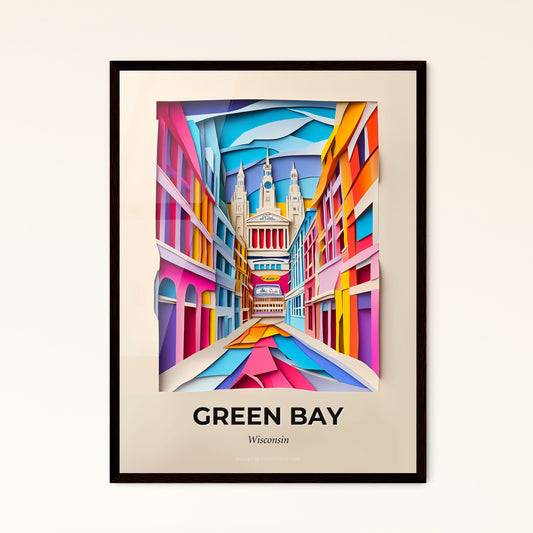 Vivid Green Bay, Wisconsin - a paper cut of a city street with a clock tower