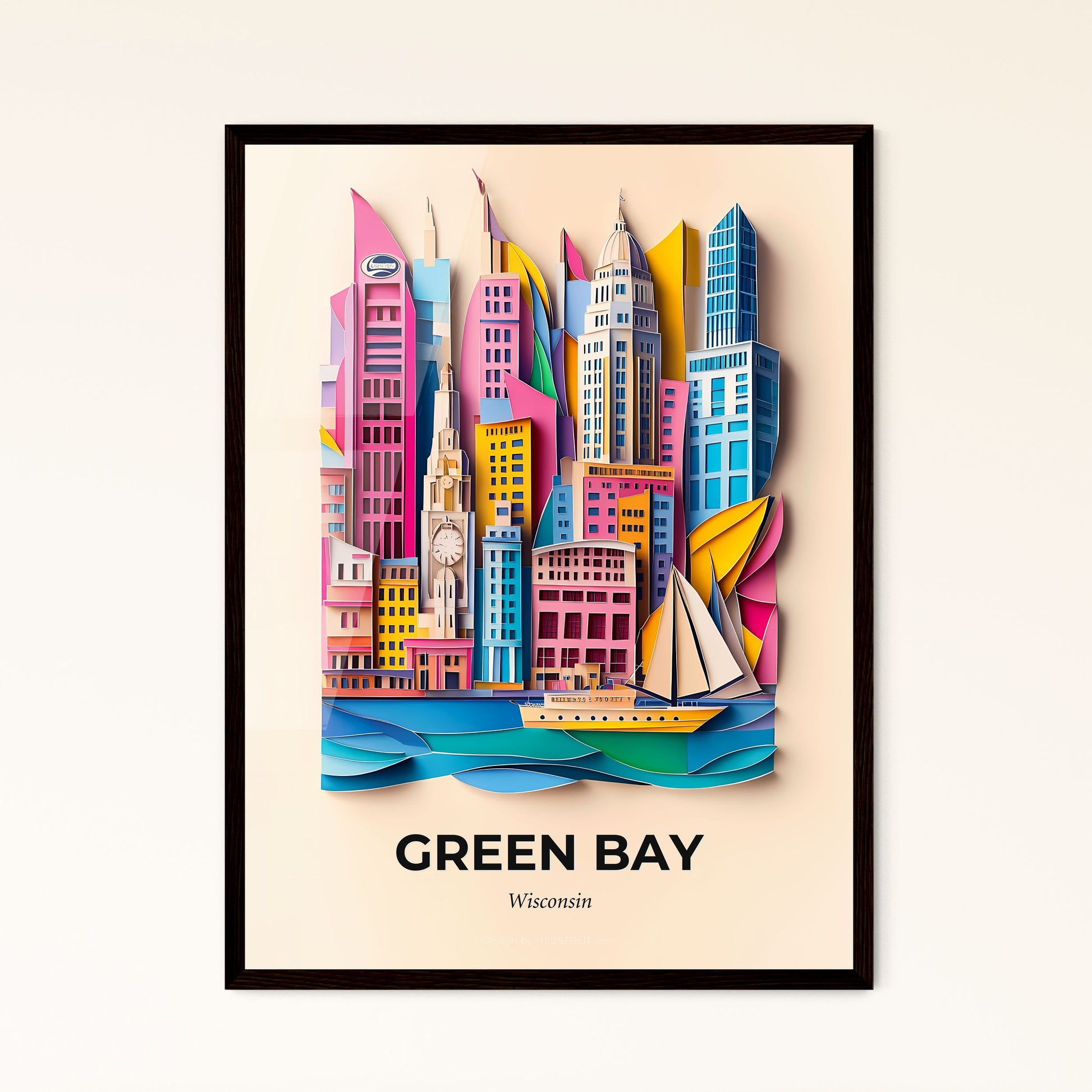 Vivid Green Bay, Wisconsin - a paper cut of a city with a sailboat