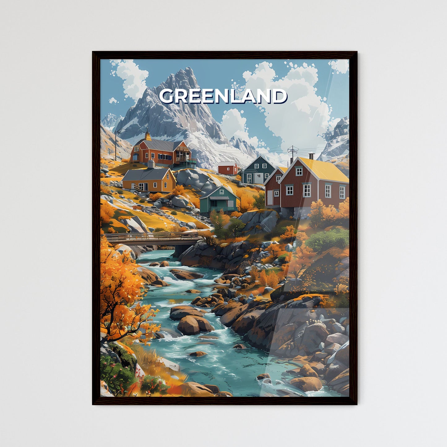 Artful Valley Scene: Colorful Painting Depicting River, Houses, and Mountains Framed Art