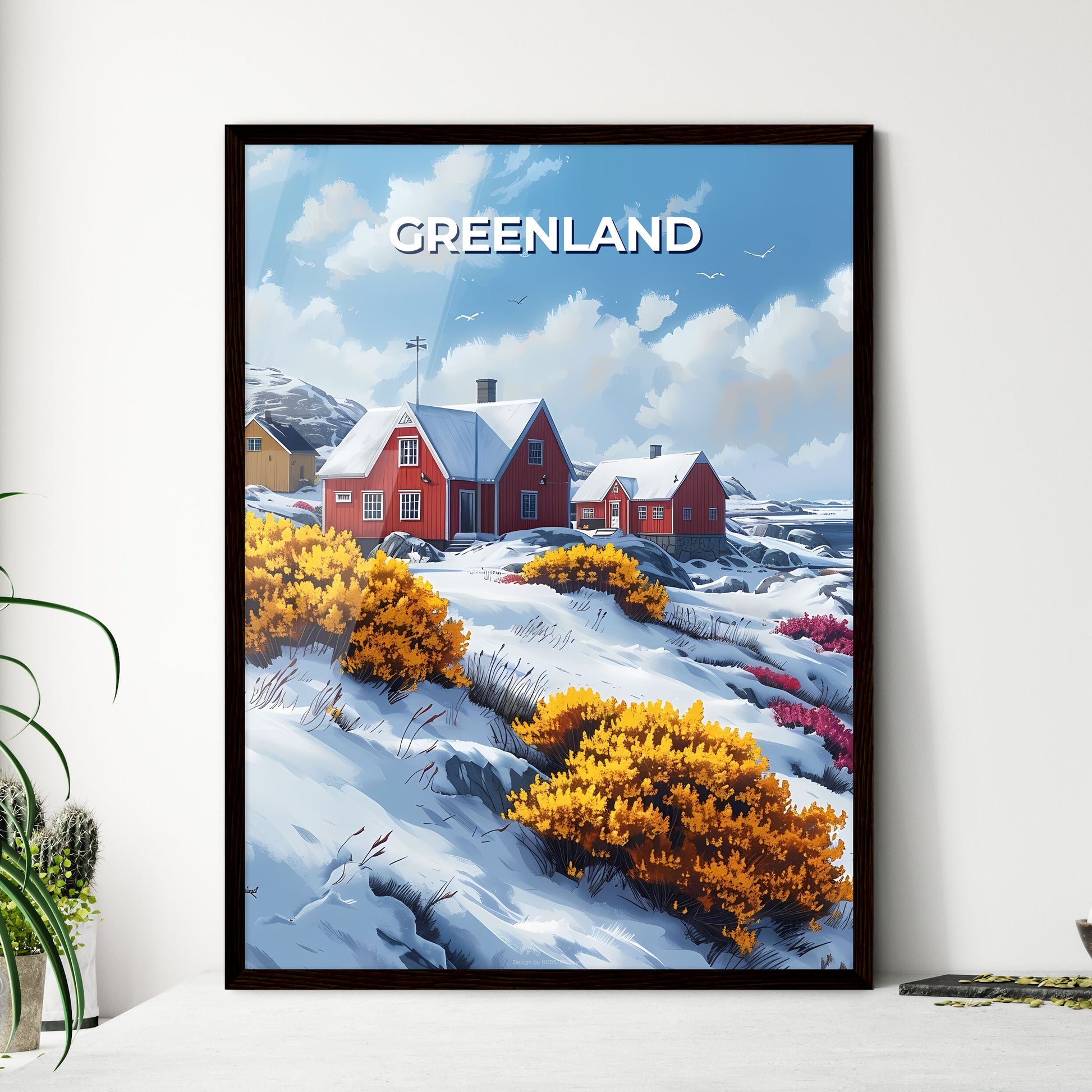 Hillside Oasis: Snow-Covered Hillside with Charming Houses and Blooming Flowers in Greenland, North America Framed Art