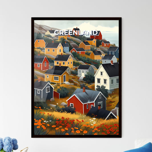 Artful Greenland Houses: Vibrant Painting of Colorful Buildings on Hill, North America Framed Art