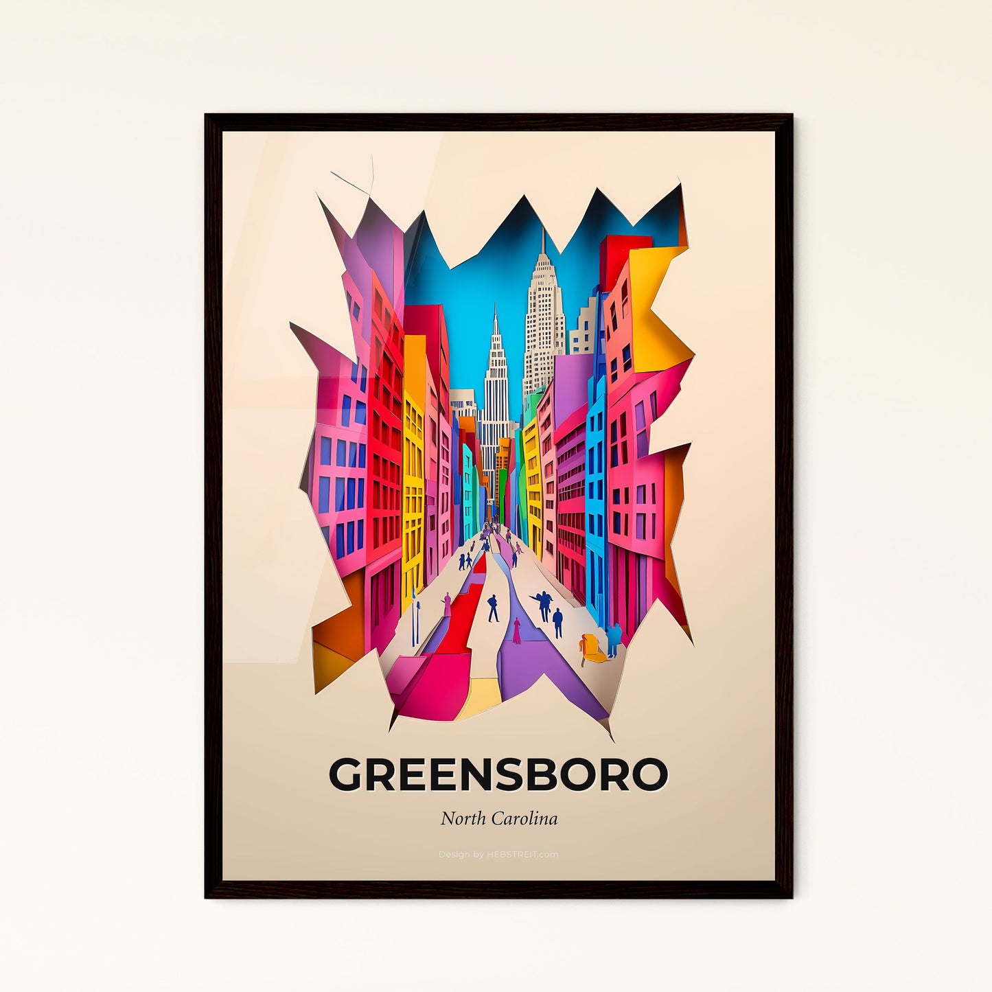 Vivid Greensboro, North Carolina - a city street with a colorful cityscape cut out of it