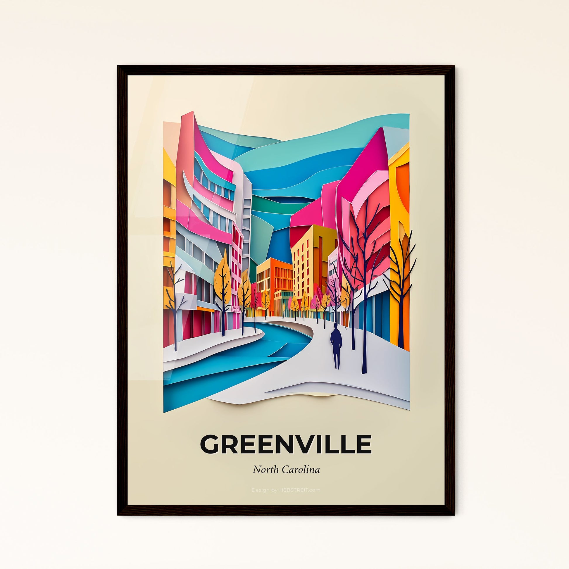 Vivid Greenville, North Carolina - a paper cut of a city street with a person walking