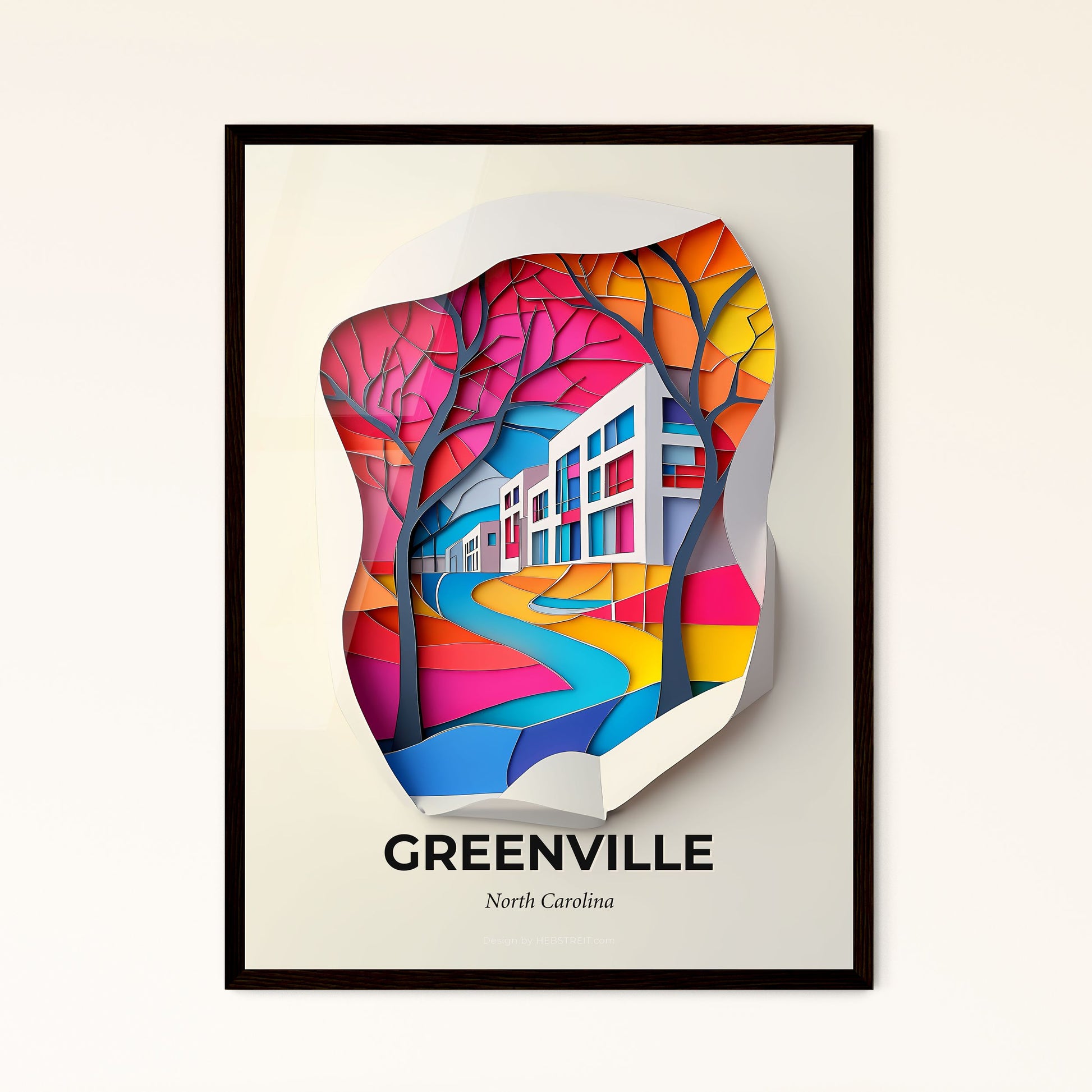 Vivid Greenville, North Carolina - a paper cut of a building with a colorful tree