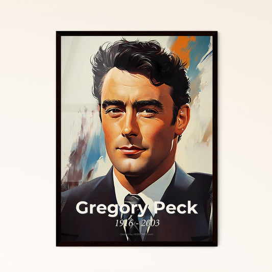 Portrait of Gregory Peck, 1916 - 2003. Impressionistic painting of a man in a suit.