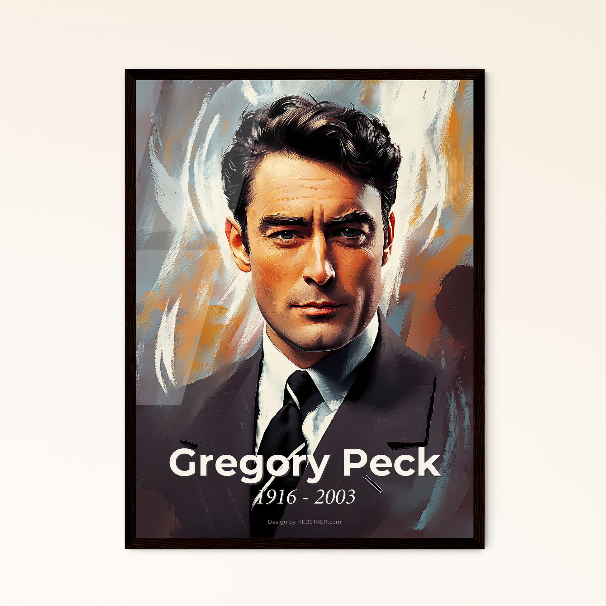 Portrait of Gregory Peck, 1916 - 2003. Impressionistic painting of a man in a suit.