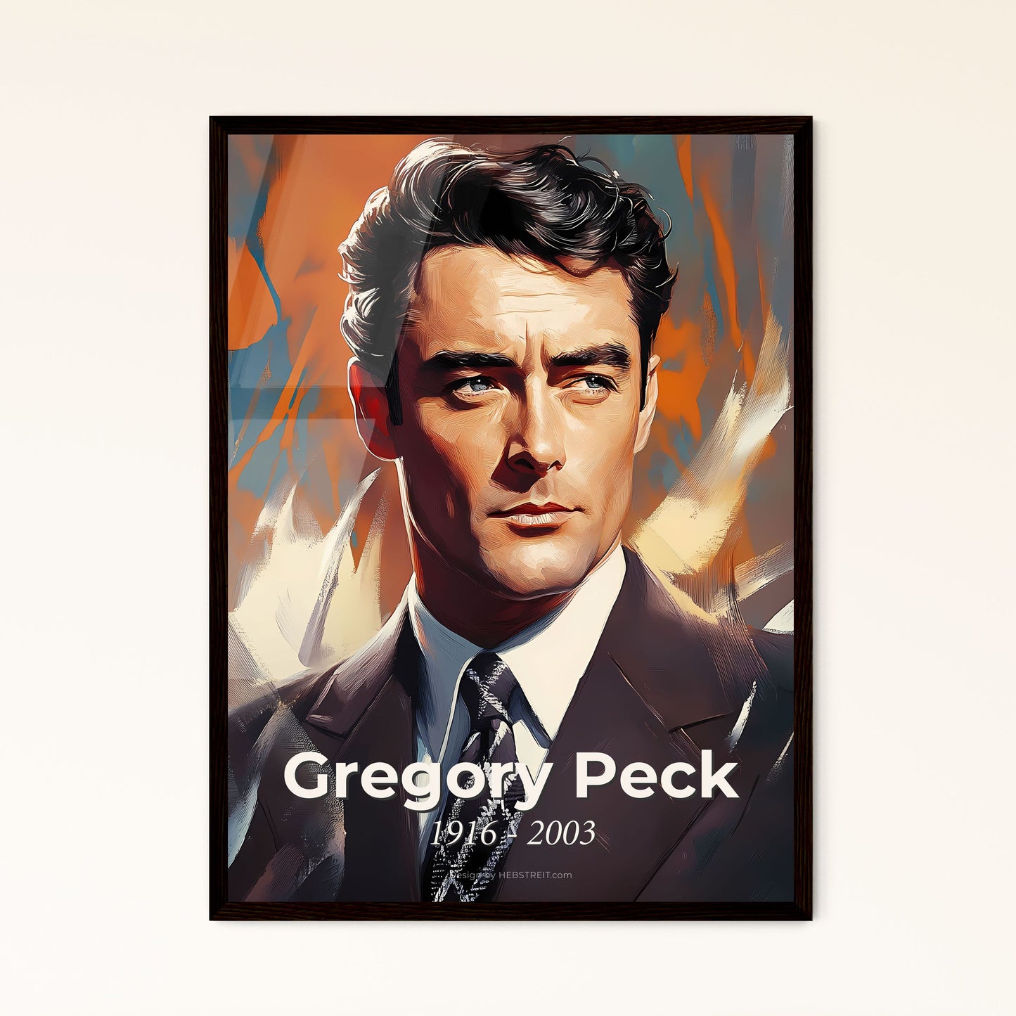 Portrait of Gregory Peck, 1916 - 2003. Impressionistic painting of a man in a suit.