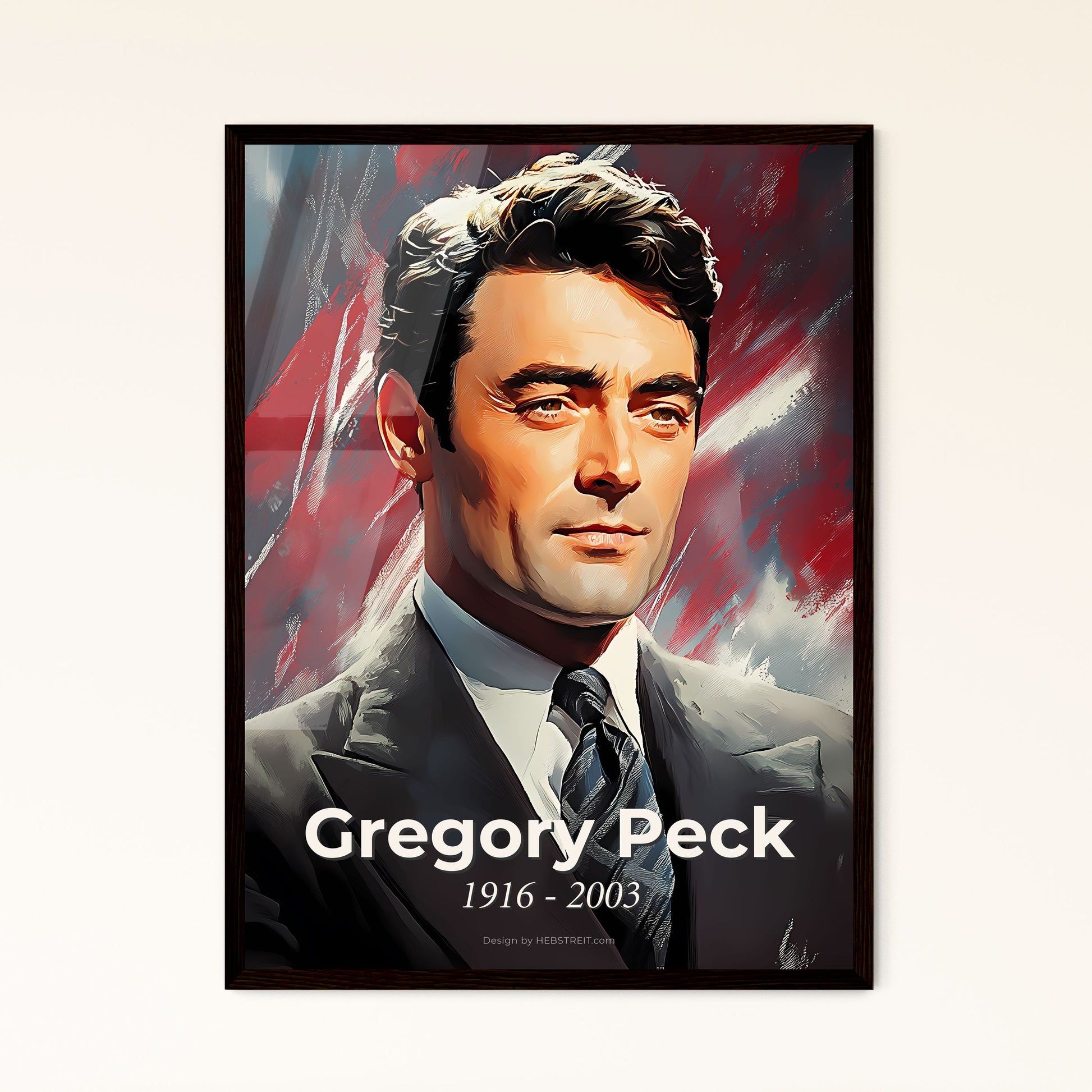 Portrait of Gregory Peck, 1916 - 2003. Impressionistic painting of a man in a suit.