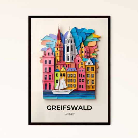 Vivid Greifswald, Germany - a paper cut of a city with a sailboat