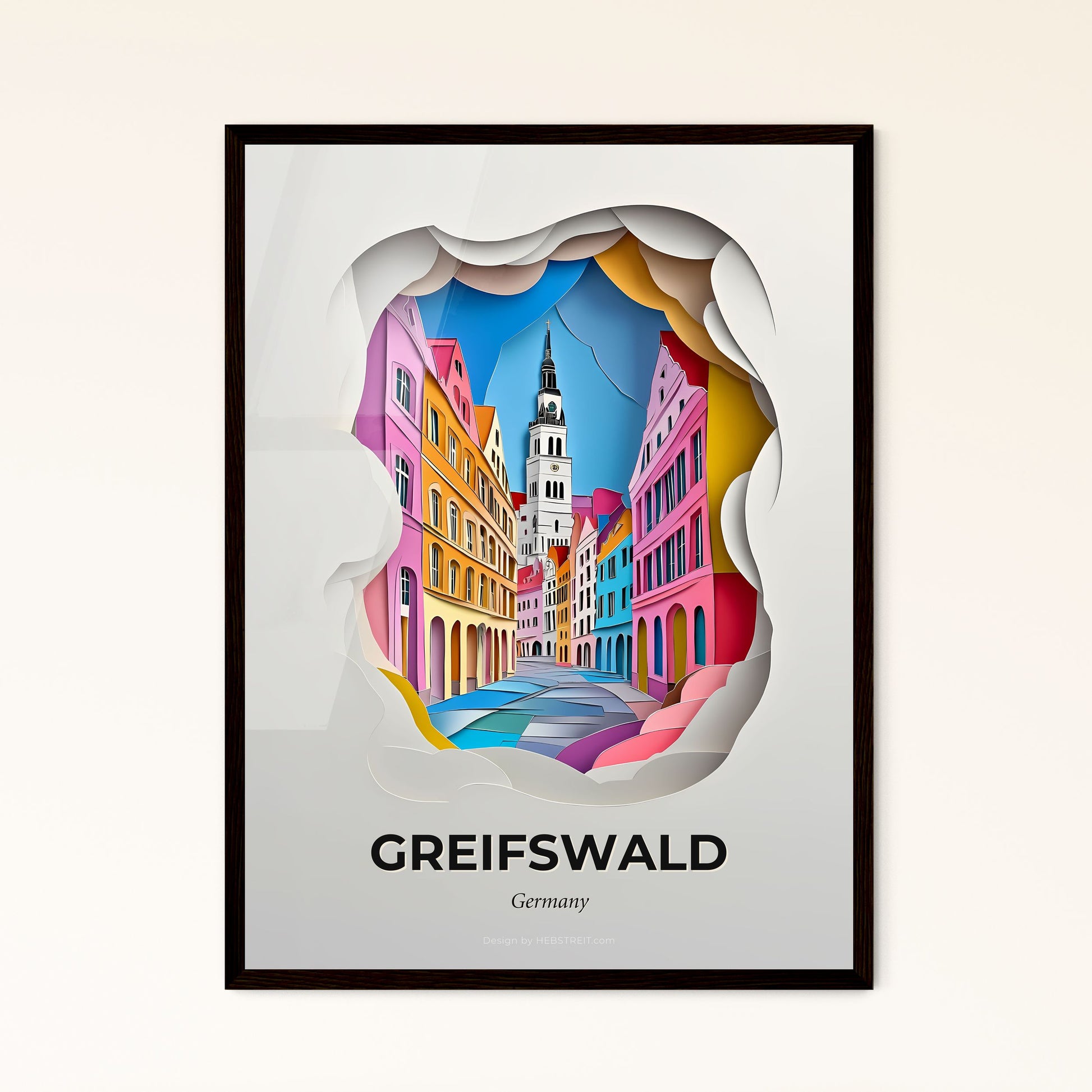 Vivid Greifswald, Germany - a paper cut of a city street with a clock tower