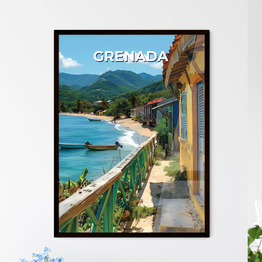 Colorful Beach Scene in Grenada, North America: Picturesque Homes and Boats in an Artistic Style Framed Art