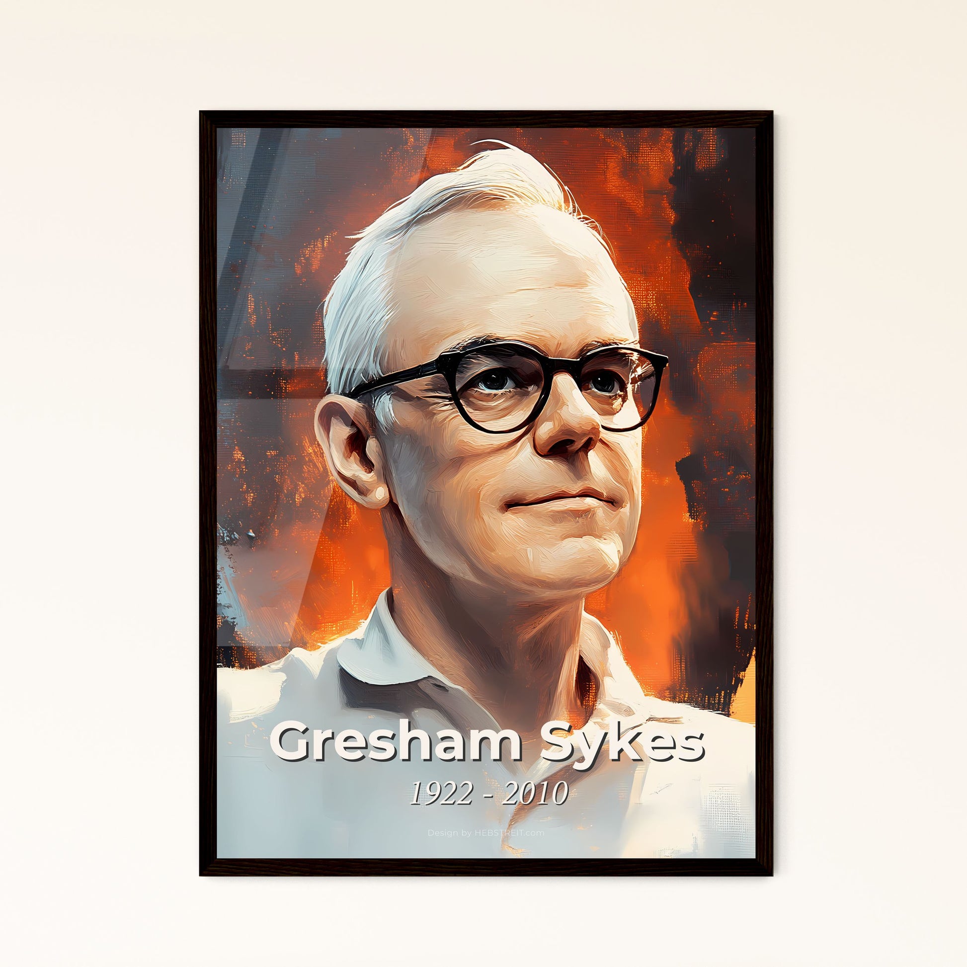 Portrait of Gresham Sykes, 1922 - 2010. Impressionistic painting of a man wearing glasses and looking up.