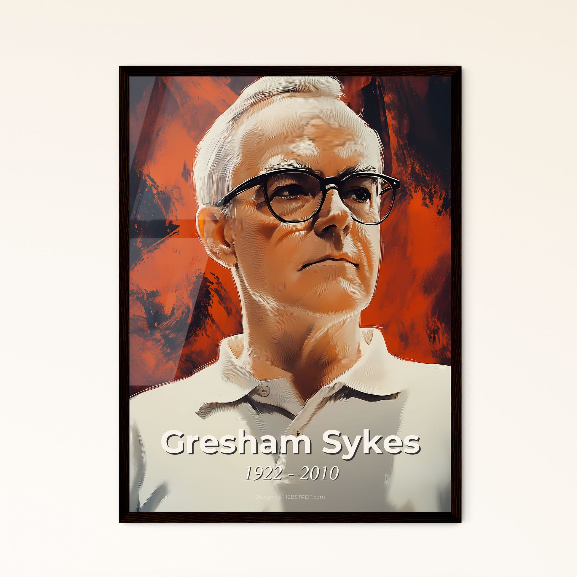 Portrait of Gresham Sykes, 1922 - 2010. Impressionistic painting of a man wearing glasses and a white shirt.