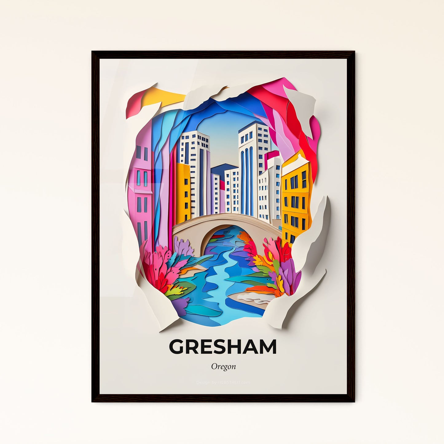 Vivid Gresham, Oregon - a paper cut of a city with a river