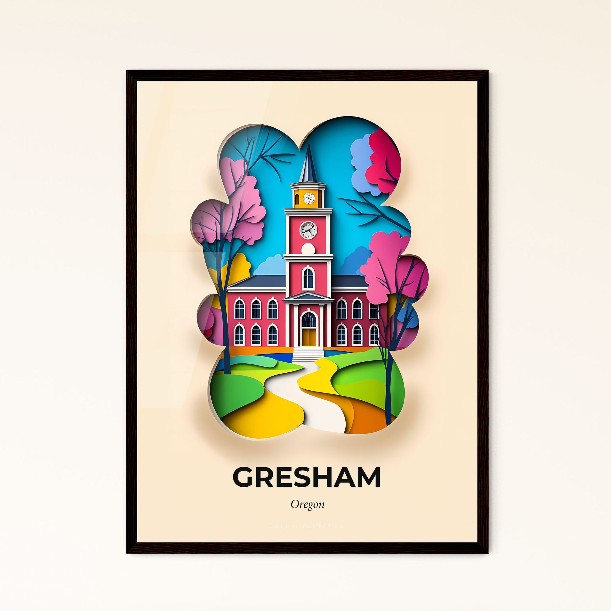 Vivid Gresham, Oregon - a paper cut of a church with a clock tower