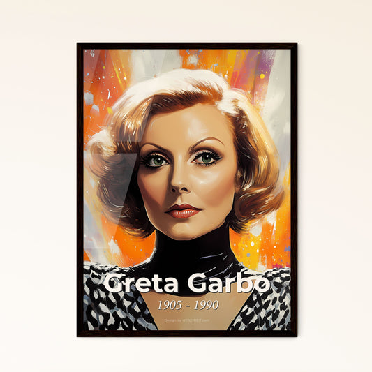 Portrait of Greta Garbo, 1905 - 1990. Impressionistic painting of a woman with short hair and a black turtleneck.