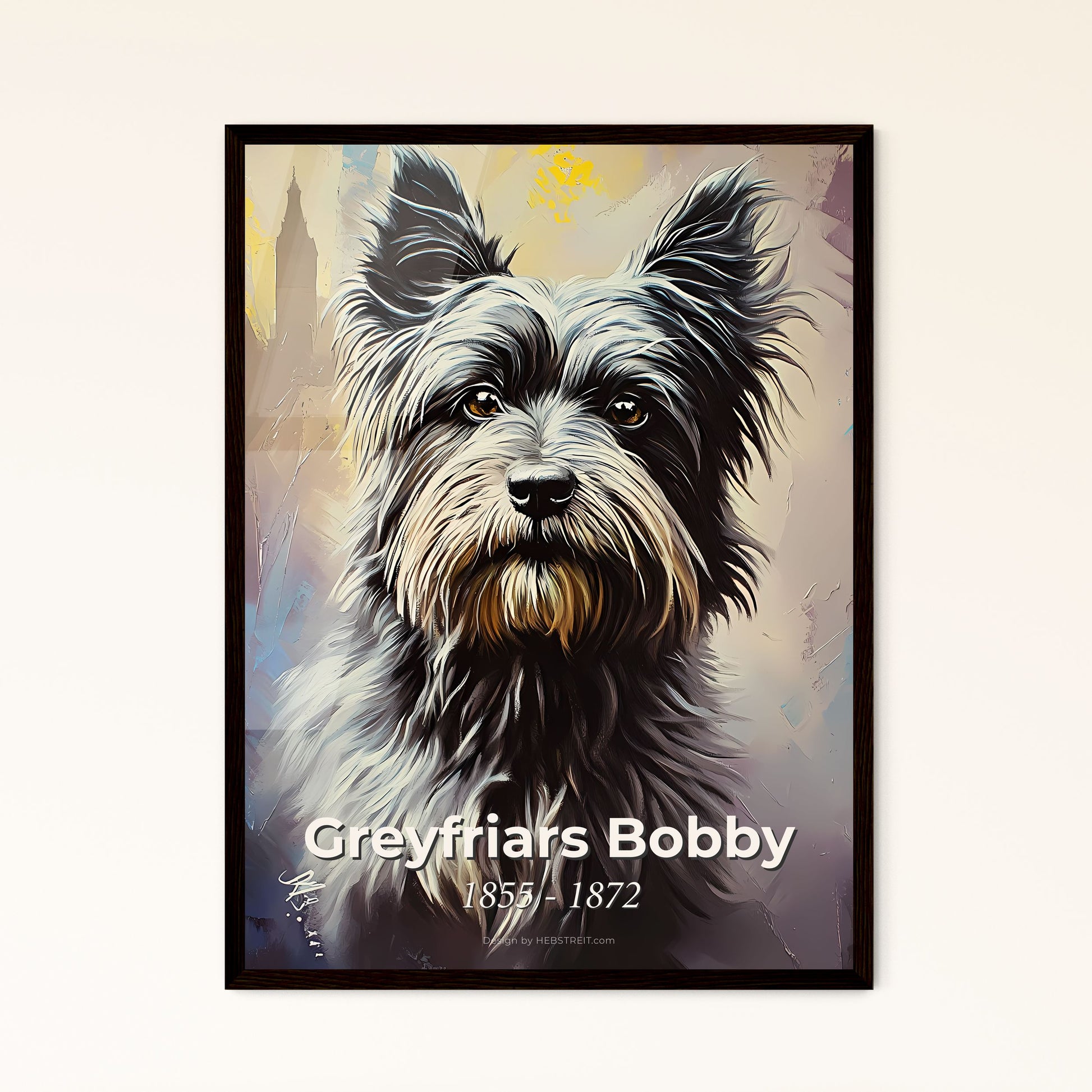 Portrait of Greyfriars Bobby, 1855 - 1872. Impressionistic painting of a painting of a dog.