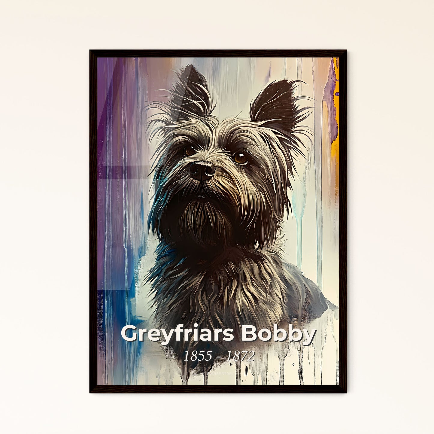 Portrait of Greyfriars Bobby, 1855 - 1872. Impressionistic painting of a painting of a dog.