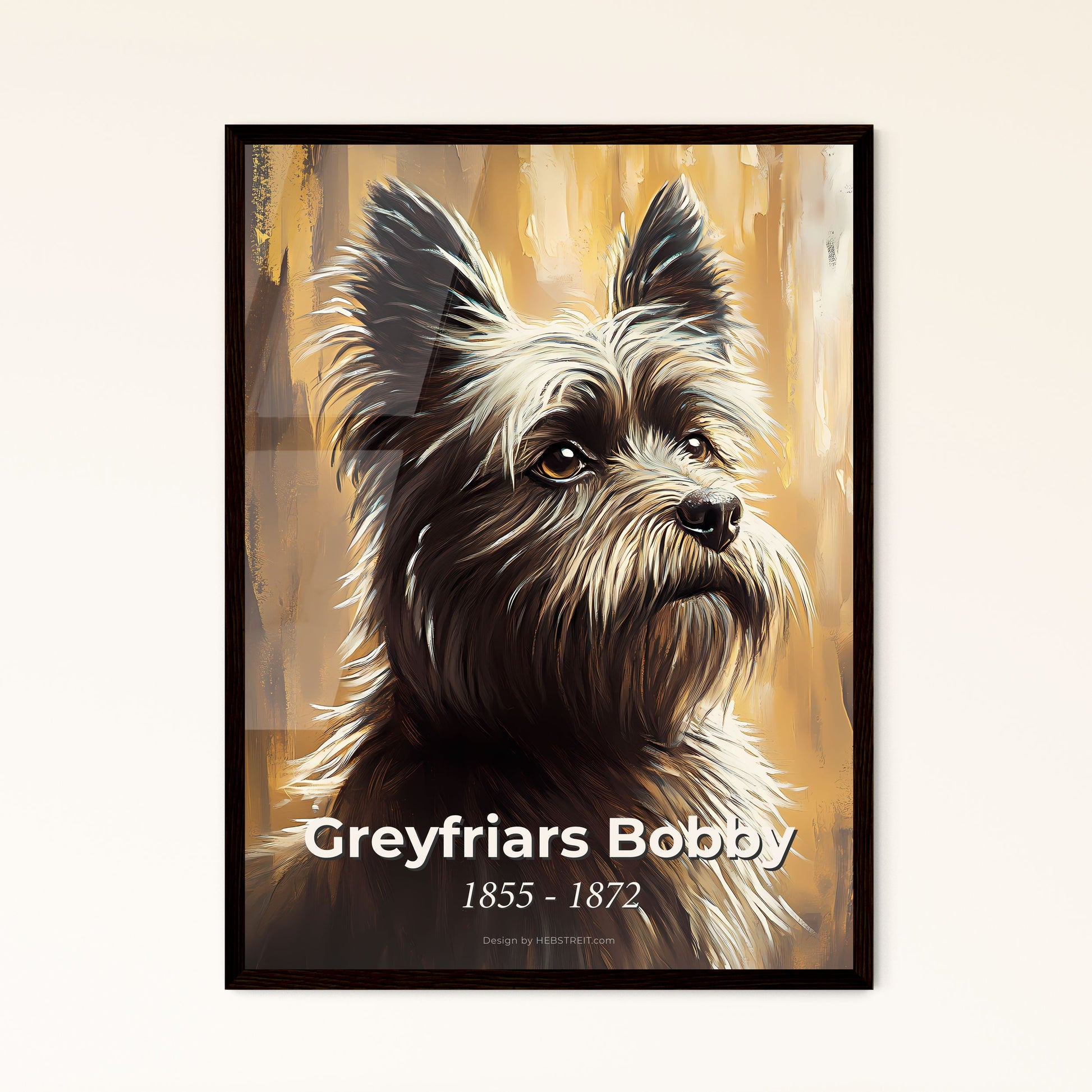 Portrait of Greyfriars Bobby, 1855 - 1872. Impressionistic painting of a dog looking up at the camera.