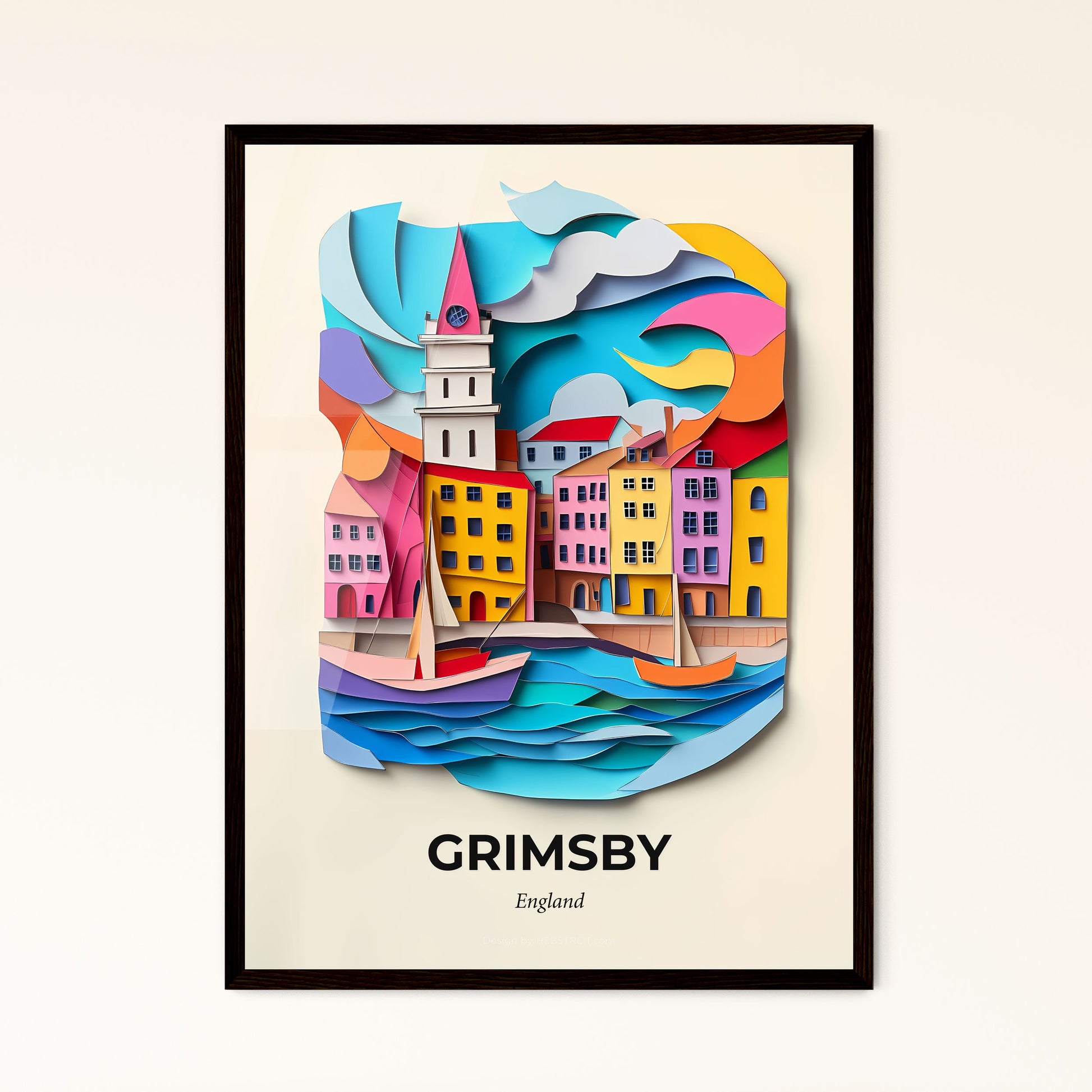 Vivid Grimsby, England - a paper cut of a city with a clock tower