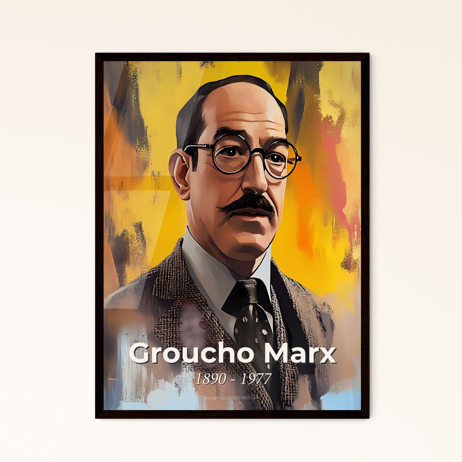 Portrait of Groucho Marx, 1890 - 1977. Impressionistic painting of a man with a mustache wearing glasses and a suit.