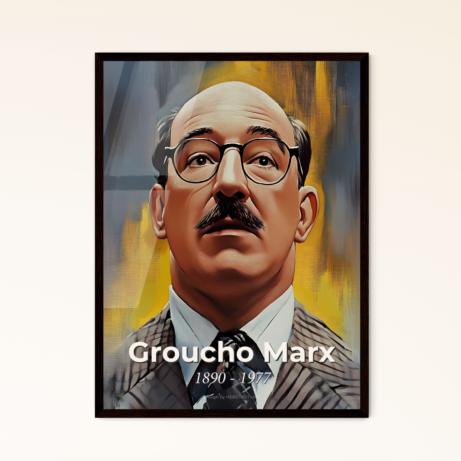 Portrait of Groucho Marx, 1890 - 1977. Impressionistic painting of a man with a mustache wearing glasses and a suit.